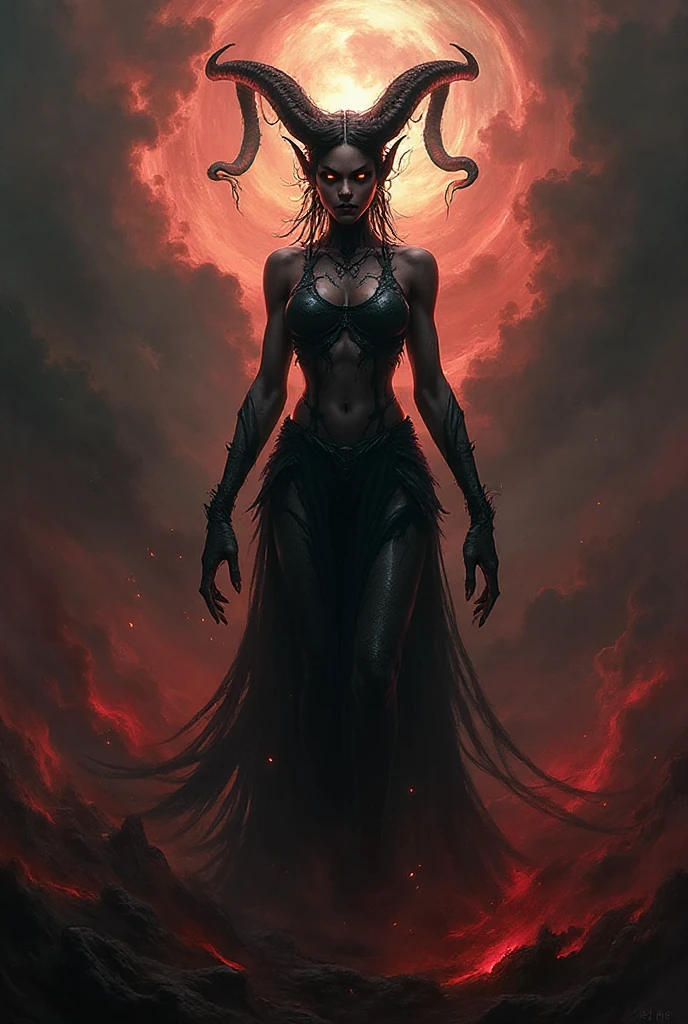 a woman with black hair and red eyes standing in front of a fire, beautiful elegant demon queen, dark fantasy style art, dark goddess with six arms, in style of dark fantasy art, goddess of the underworld, dark fantasy art, woman made of black flames, fantasy dark art, diablo 4 lilith, queen of the underworld, dark fantasy horror art, dark fantasy artwork