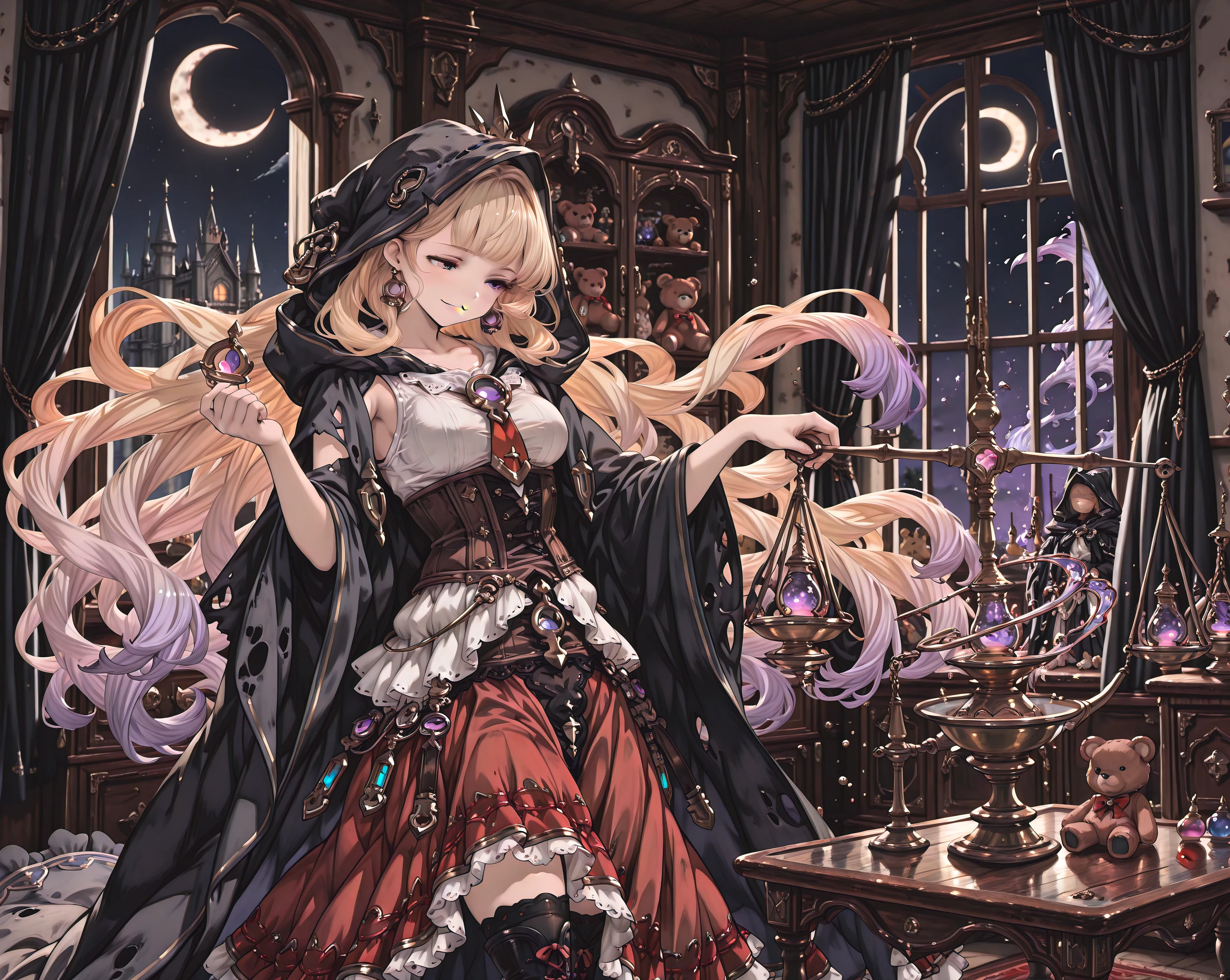 ((Masterpiece), (Highest Quality), (High Score), (High Resolution),(4k),),

((Medieval England),、(night),(indoors),1girl,,solo,),

(,(Fantasy), (Magic Experiment Scene), (Royal Castle, Alchemist's Room,  Medicine Cabinet, Table, Torn Stuffed Animal, Bear Stuffed Animal, Magic Lamp),,,(Black curtains, closed curtains),,,(One golden balance, a large balance),(Her hands grabs the scales:1.4), (2 Teddy bears),(Teddy bear on the scales),,BREAK,(Anatomically accurate structure:1.4),),

(((balance_scales),(The stuffed animals' eyes glow),(stuffed animals radiating an aura),(Her hair floats in the wind),,BREAK,(an extremely cute and beautiful girl),(beautiful hair,Extremely delicate hair rendering,hairdetailer:1.5),))

((mature woman,cagliostro (granblue fantasy), long hair, blonde hair,  floating hair, purple eyes,  [(gradient hair from blond to purple:1.4)0.6],(Black cloak, very long cloak), (Hood,hood on head), (white shirt),Sleeveless dress, White dress, Red tie, Jeweled brooch, Crescent moon earrings, (long skirt, Ruffled skirt, Red skirt), Lace, Collarbone,Black boots,(medium breasts),),(brown overbust corset),(black Thigh-high socks),((naughty smile),)(zero gravity :1),(both arms up:0.5),(head down:1.2),(looking at her hands.),[looking away:1.5],[breasts forcus:],[cowboy shot:1.5],,BREAK,[three-quarter view:1.5],),


(solo:1.5),
