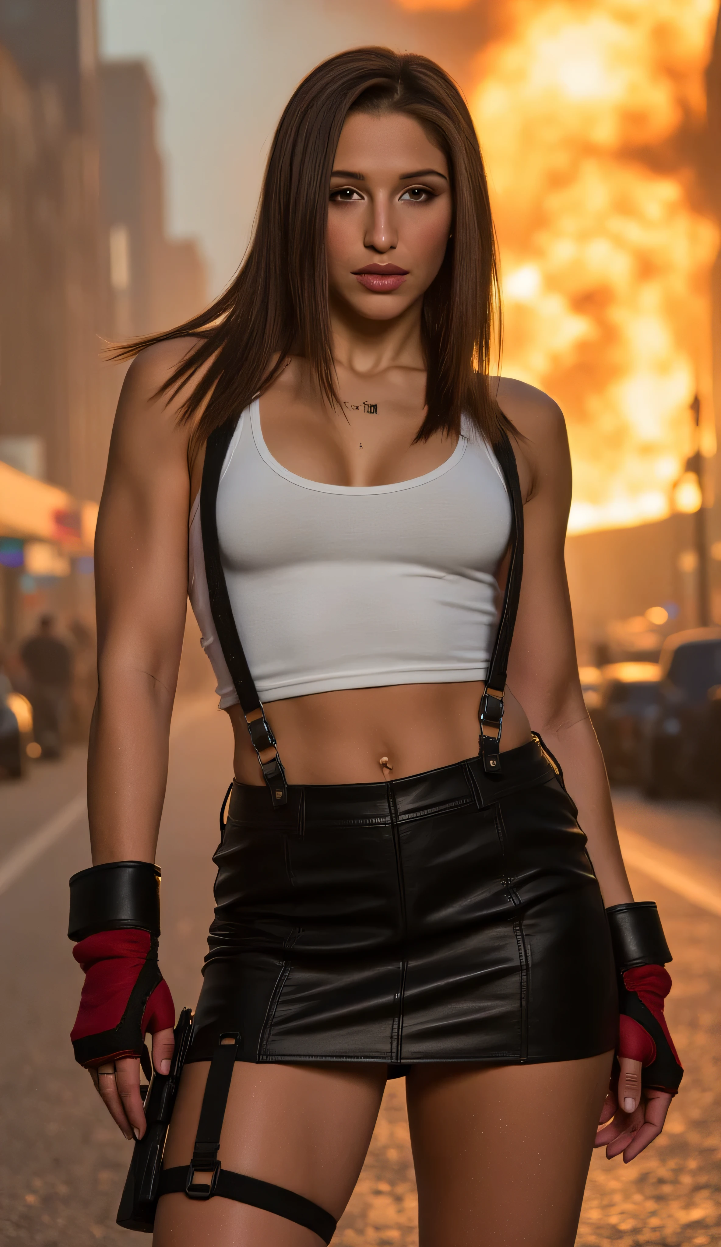Abella Danger as Tifa Lockhart, Final Fantasy, strong, athletic, standing confidently, city street engulfed in flames, long hair, intense eyes, white fitted tank top, black leather mini skirt, black suspenders, red fingerless gloves, thigh strap, cinematic scene, highly detailed, realistic lighting, dynamic pose, action-packed atmosphere, fiery explosions in the background, dramatic perspective, sharp details on clothing and facial features, photorealistic style