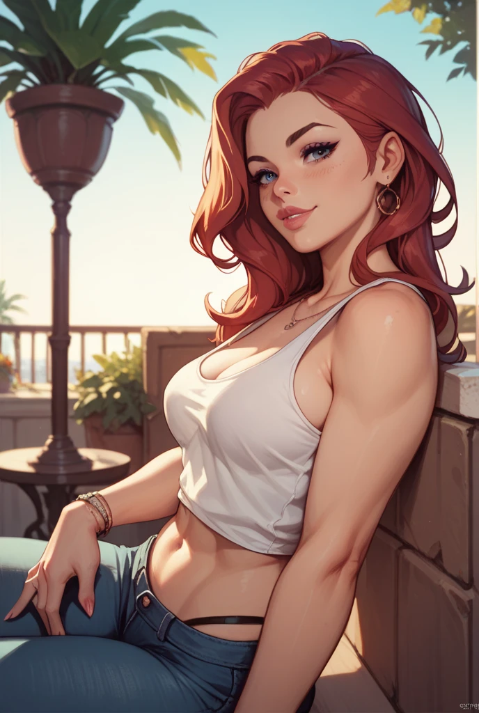 masterpiece), (portrait), medium breasts (aesthetics), ((28 year old girl with tattoo skin)), ((long, straight hair parted)), ((pretty, natural red punk hair)), thin eyes and open, blue eyes, round breasts, feminine, woman, feminine features, high quality, aesthetic clothing, professional angle, (rule of thirds), feminine features, solo, (attractive Korean woman), summer, (ink fog), (afternoon), (vibrant light),  posture, ((face looking forward)), red cropped top, long sleeve, long hip hop top, beautiful stylish black fluffy skirt ((Energy)), (Bold makeup), (Average breasts), Tanned skin, (Clothes with Hop hip details), (Cropped top), (Beautiful neckline), beautiful body, beautiful eyes, bright eyes,  smile, beautiful mouth, beautiful lips, (best quality, ultra detailed, photorealistic: 1.39 ), bright and vibrant colors, studio lighting, romantic expression, , , street near the beach, slightly inclined pose of cute girl