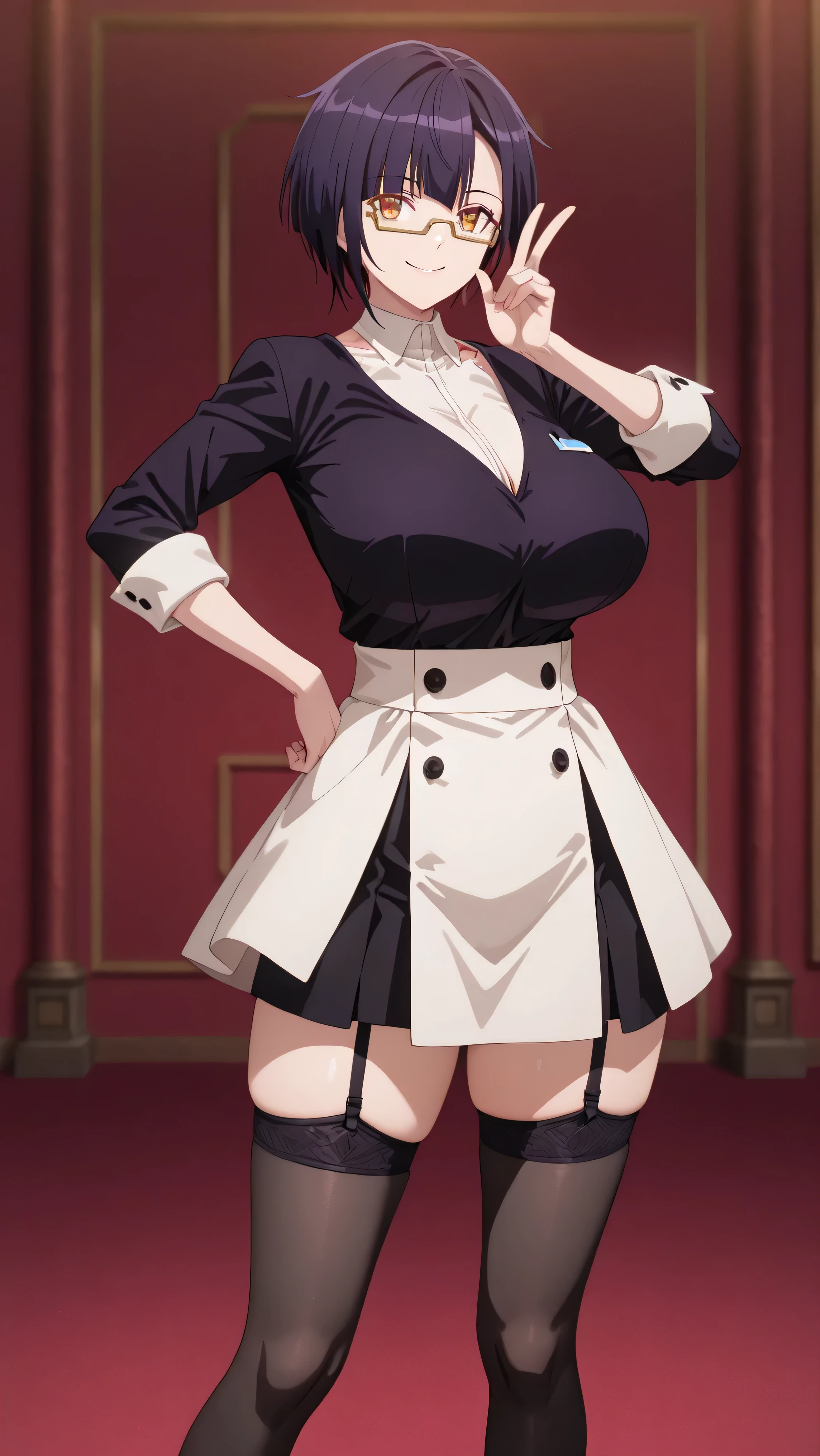 1 girl, [nias carlin]. ((Alone 1.0)). piel clara, short hair, dark purple hair, golden eyes, lower frame glasses. Wear white satin shirt.  V-neck pronounced , pencil-cut black skirt,  garter belts and black tights . Big breasts, wide hip, wide thighs and legs. standing, sexy pose with a mischievous expression, sly smile.