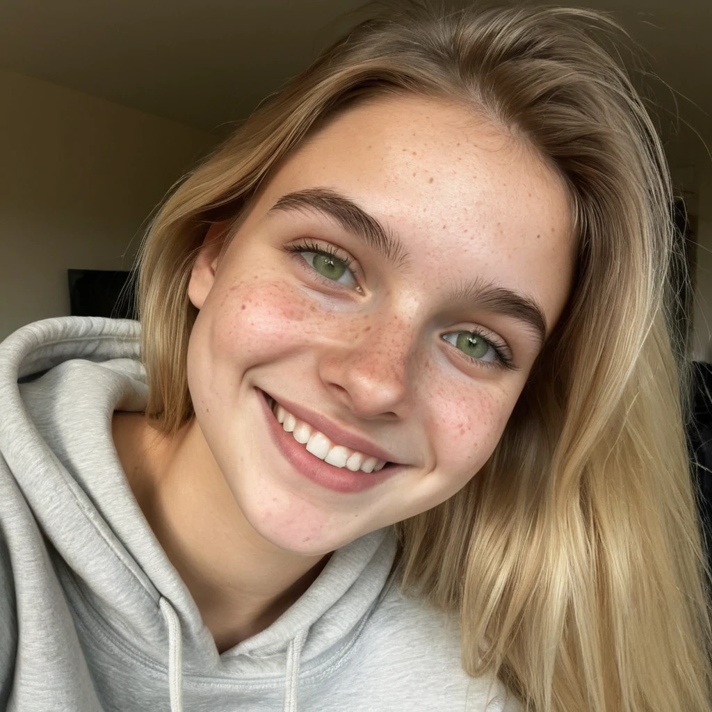 1girl, blonde hair, long hair, hair to one side, bangs, blue eyes, glossy lips, parted lips, soft expression, natural makeup, earrings, hoop earrings, subtle smirk, dimples, sleeveless shirt, black shirt, skirt, warm lighting, casual, selfie, looking at viewer, jewelry, necklace, soft skin, cheek blush, cute girl, aesthetic room, intimate setting, realistic, masterpiece, best quality, highres, 
<lora:puffy_tits_PONY_v1:2.46> 
<lora:amateur_style_v1_pony:0.5>  
<lora:Dramatic Lighting Slider:0>
<lora:ILXL_Realism_Slider_V.1:1.8>
<lora:RealSkin_xxXL_v1:1.2>
<lora:RawCam_250_v1:5>