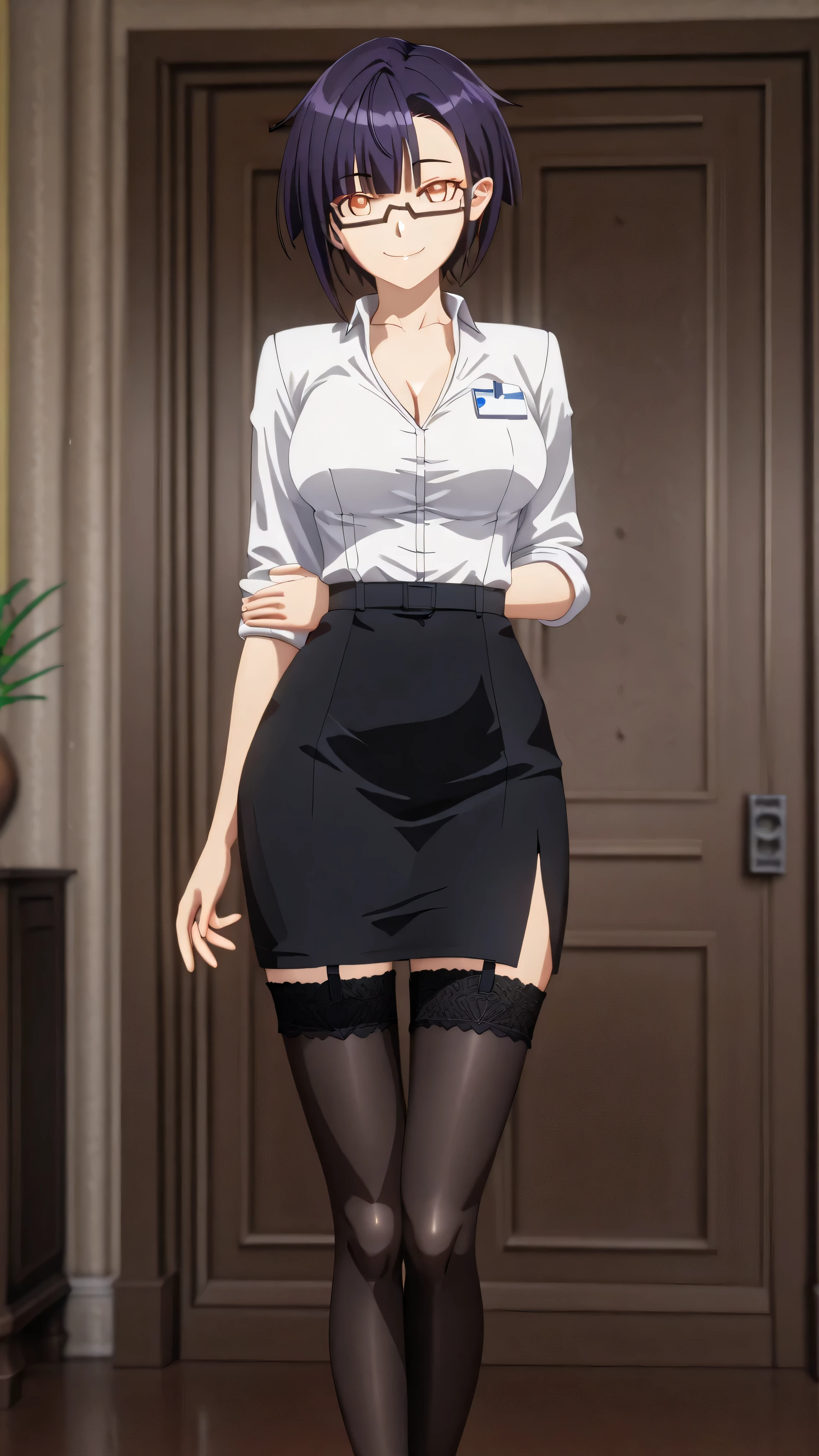 (( 3d style. )) 1 girl, [nias carlin]. ((Alone 1.0)). piel clara, short hair, dark purple hair, golden eyes, lower frame glasses. wears sexy office worker uniform. horny secretary , sexy nymphomaniac. white satin shirt.  V-neck pronounced , pencil-cut black satin skirt,  garter belts and black tights . Big breasts, wide hip, wide thighs and legs. standing, sensual pose with mischievous expression, sly smile. hands on the waist. perfect anatomy. Masterpiece. Higher quality. Photo RAW. ultra detailed. extreme attention to detail.  anime desktop . dynamic shadows.  absurd . intricate details. High quality CG Unity 16K wallpaper.