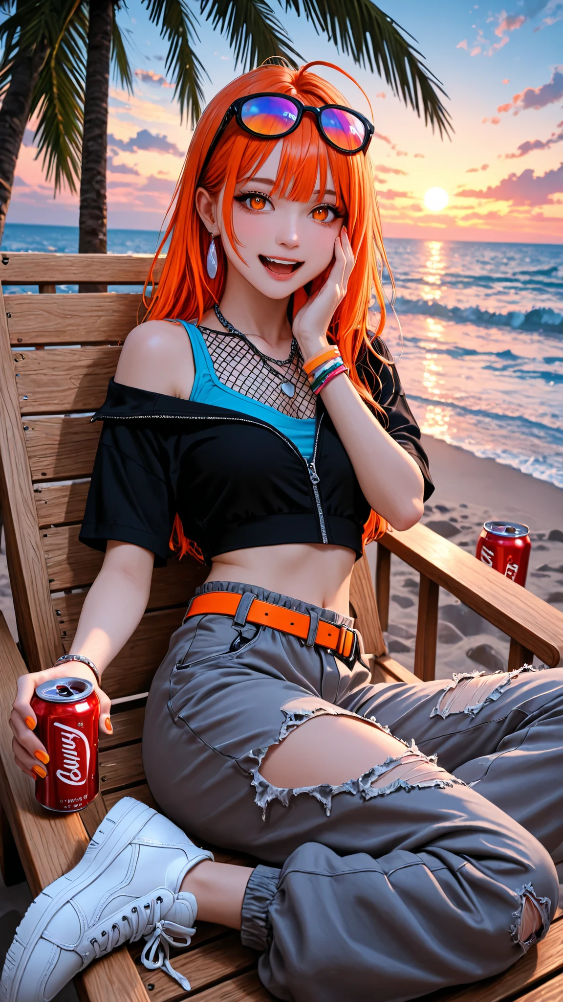 masterpiece, best quality, ultra-detailed, very aesthetic, detailed background, year 2023, newest, scenery, highres, 4k, absurdres, 8k, colorful, vibrant, glowing, perfect face, 2d, perfect eyes, detailed eyes, 1girl, solo, beach, ocean, outdoors, palm trees, rocks, pebbles, evening, sun, sky, clouds, white footwear, sneakers, sitting on beach chair, reclining, holding soda can, arm rest, reaching towards viewer, looking at viewer, open mouth, curious smile, cowboy shot, from side,
MavuikaGI, Mvk_Cas, orange eyes, gradient hair, red hair, orange hair, colored inner hair, ahoge, under-rim eyewear, wristband, eyewear on head, glasses, black-framed eyewear, tinted eyewear, silver earrings, multiple bracelets, baggy pants, partially unzipped, grey pants, torn pants, thigh cutout, orange belt, zipper top, blue tank top, black shirt, crop top, short sleeves, black sleeves, chain necklace, multiple necklaces, midriff, fishnet top, single off shoulder, torn shirt,
masterpiece, best quality, ultra-detailed, very aesthetic, newest, scenery, absurdres, perfect anatomy, perfect face, perfect eyes, clear eyes, beautiful eyes, pov another hand squeezing her cheeks, pov female hand with nails, nail polish, one hand squeeze cheeks,