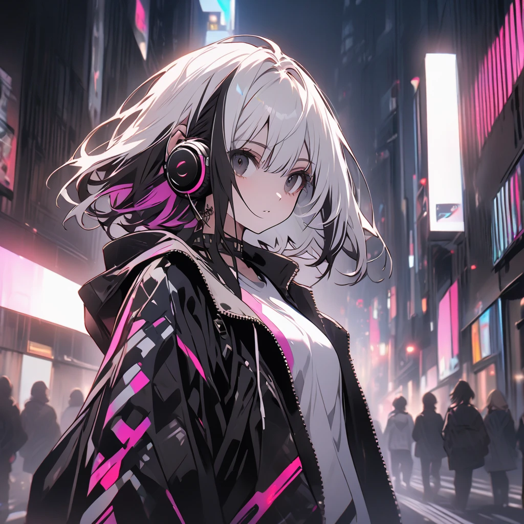 街角に一人で立っている1歳の女の子のvery detailed肖像画, Between the storm of lightning and cloudy skies, Neon and cyberpunk background, He wears punk clothes with silver chains and silver spikes, There's a butterfly wing clip in her wild hair, I have headphones and a tie, small, Detailed bright red eyes with distinct pupils, sinister halo aura, smile, punk, cyberpunk, Backlight, masterpiece, highest quality, intricate details, disorganized, chromatic aberration, Depth of bounds written, Soft Illuminaochon, tone mapping, very detailed, art station, conceptual art, Smooth and sharp focus, dramatic illumination, very detailedイラスト, cinematic, art stationの動向, 8K, Incredibly detailed shadow ond: 1.0)