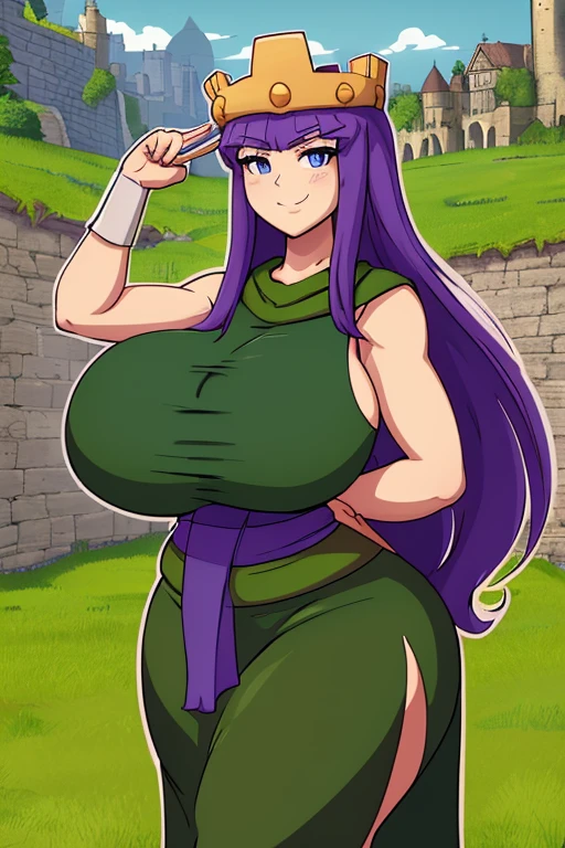 archer queen, green outfit, purple waist sash, hands on ?????, smile, sleeveless, white outline, village, highly detailed, (gigantic sagging ???????:1.4)
 