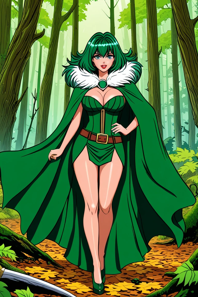 masterpiece, best quality, amazing quality, very aesthetic, absurdres, newest, shiny skin, humid skin,
  <lora:Gideons_Corral_IL_r1:1> gideonscorral, rydia final fantasy iv, smile, forest, full body, large breasts, huge bulge, nipple bulge, <lora:ffrydia-illu-nvwls-v1:0.75> ryd1a, green hair, long hair, blue eyes ||  hair ornament, circlet, star earrings, green cape, green dress, cleavage, pelvic curtain, green leotard, detached sleeves, bridal gauntlets, green thighhighs, thigh boots, high heel boots