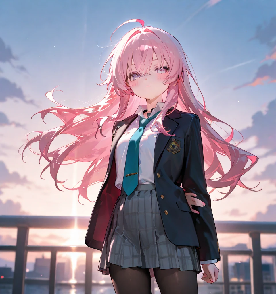 Ridiculous resolution，A high resolution，（tmasterpiece：1.4），Hyper-detailing，Pink Long Hair, 1girll, dual horsetail, Solo, red color eyes, Angry,  white necktie, Pleated plaid red skirt, school uniform, Zombie role-playing，supermarket，Zombie Doom，Zombie outbreak