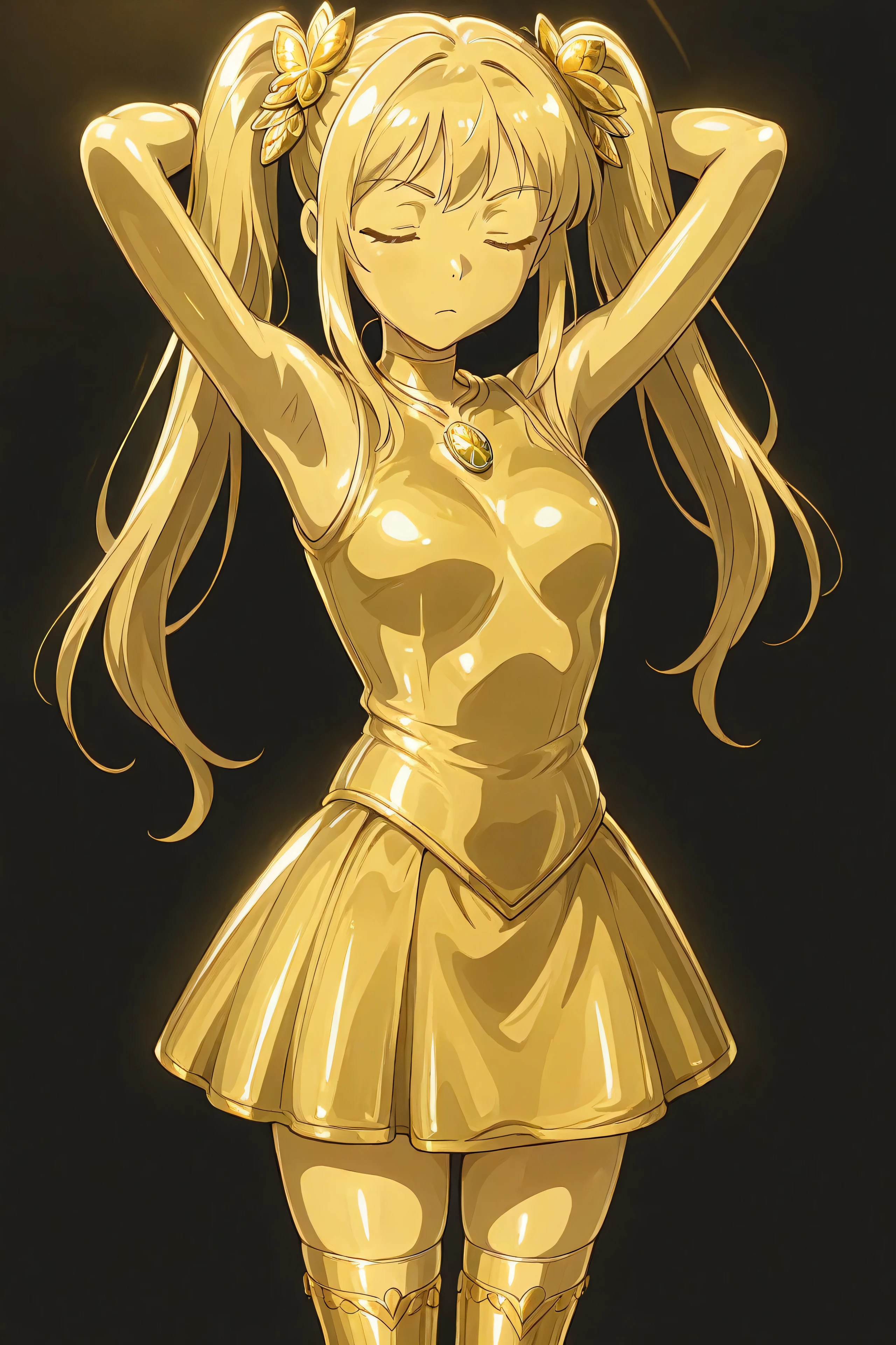 masterpiece, Highest Quality, Newest, ultra high definition, closed her eyes, gold髪, jaundice, Women in their 20s, with her mouth closed, no students, yellow skin, shiny skin, gold属の肌, Eyebrows, 1girl, solo, cowboy shot, standing, dynamic, watching viewers, I'm sleeping, serious expression, Black background, Armpit Show Pose, Sleeveless, gold_butterfly hair ornaments, long hair, gold_knee socks, 太ももまで長いknee socks, Magical Girl, gold_skirt, under skirt, hair ornaments, gold_gem, gold_pants in Objective, gold_twin tails, gold_ribbon, golden hair ornaments, gold_Look Down Cloak, Metallic Outfit, あなたの体に身につけるものはすべてgoldです, shiny face, shiny face
