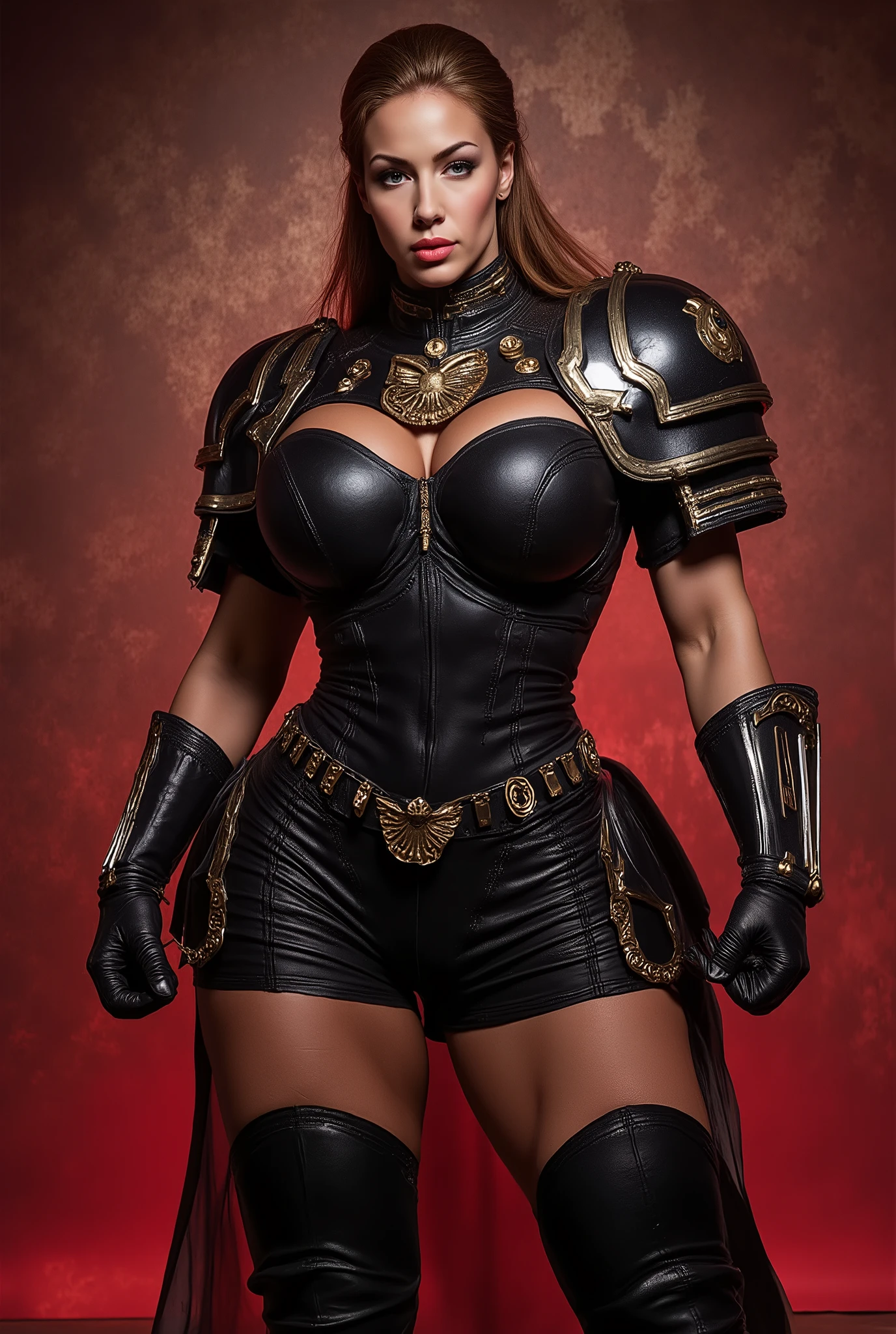 An extremely detailed comic book illustration in a dark fantasy or gothic style depicting an extremely curvaceous young woman long brown she holds her hair in a ribbon her face is aristocratic haughty her skin is white her lips are red her legs are long shapely intimidating black power armor inspired by the armor of Warhammer 40k decorated with scrollwork in metallic gold accents and featuring a high collar or gorget with metallic accents with eagle Aquila symbolism like a science fiction dark fantasy roman legionnaire meets samurai The armor appears to be black with red accents gold trim and combines elements of Warhammer 40k grim dark science fiction fantasy with elements of roman legionnaire armor and samurai armor and has a dramatic slit in the skirts to show off her extremely long legs . The artwork has a realistic quality while maintaining a stylized , fantasy aesthetic . The lighting in the piece creates dramatic shadows and highlights , particularly on the face and armor details . The overall mood of the piece is intense and somewhat dark , fitting for what seems to be a warrior or battle-oriented character . The background is in textured brushstrokes in shades of roman red , gold , and black . Standing in a dynamic action pose