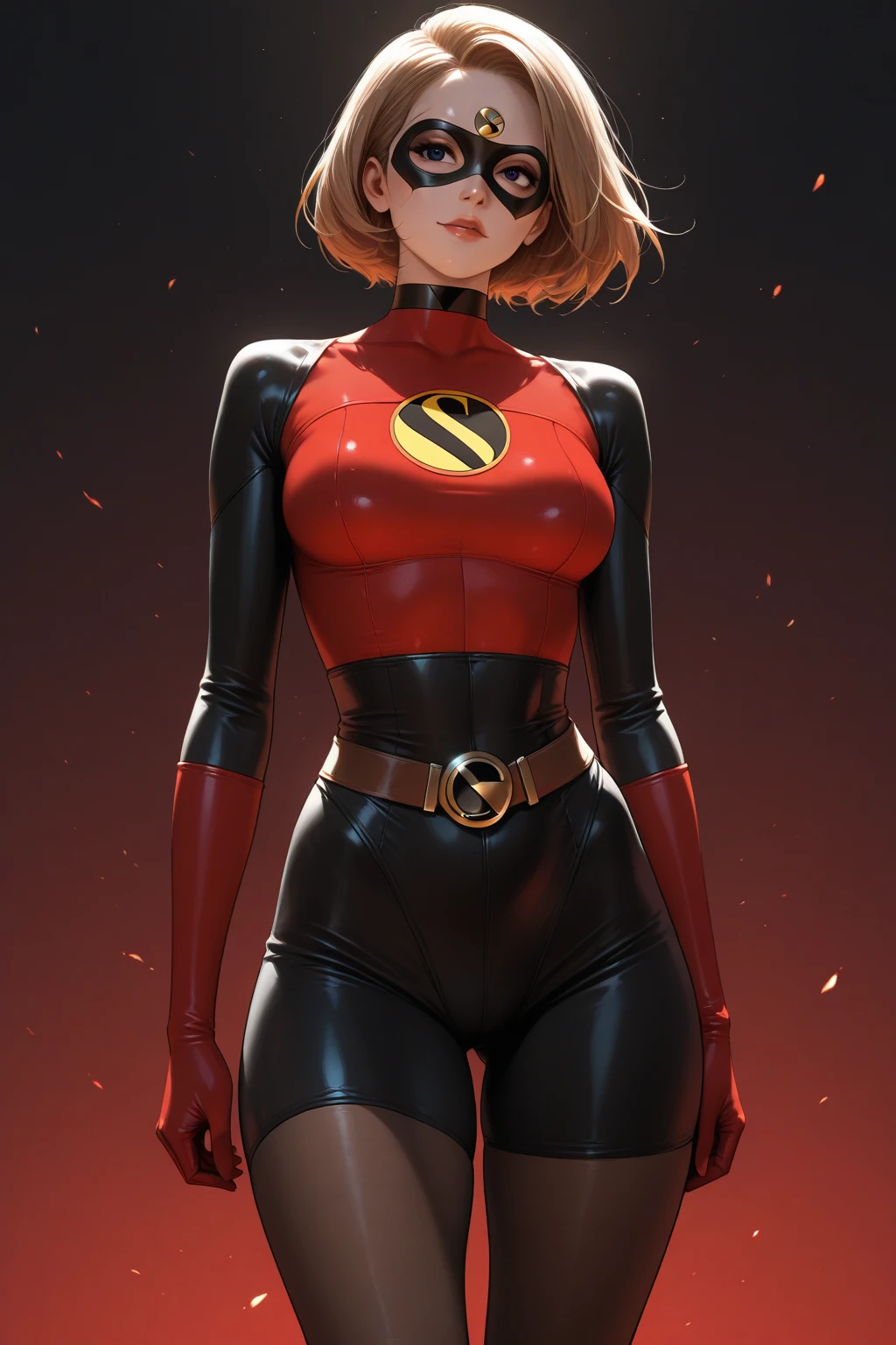 ((masterpiece)), ((best quality)), ((highres)), 1girl, solo, superhero,  legs, (tight leotard: 1), hands on hip, city backdrop, knee boots, (perfect hands: 1), light particles