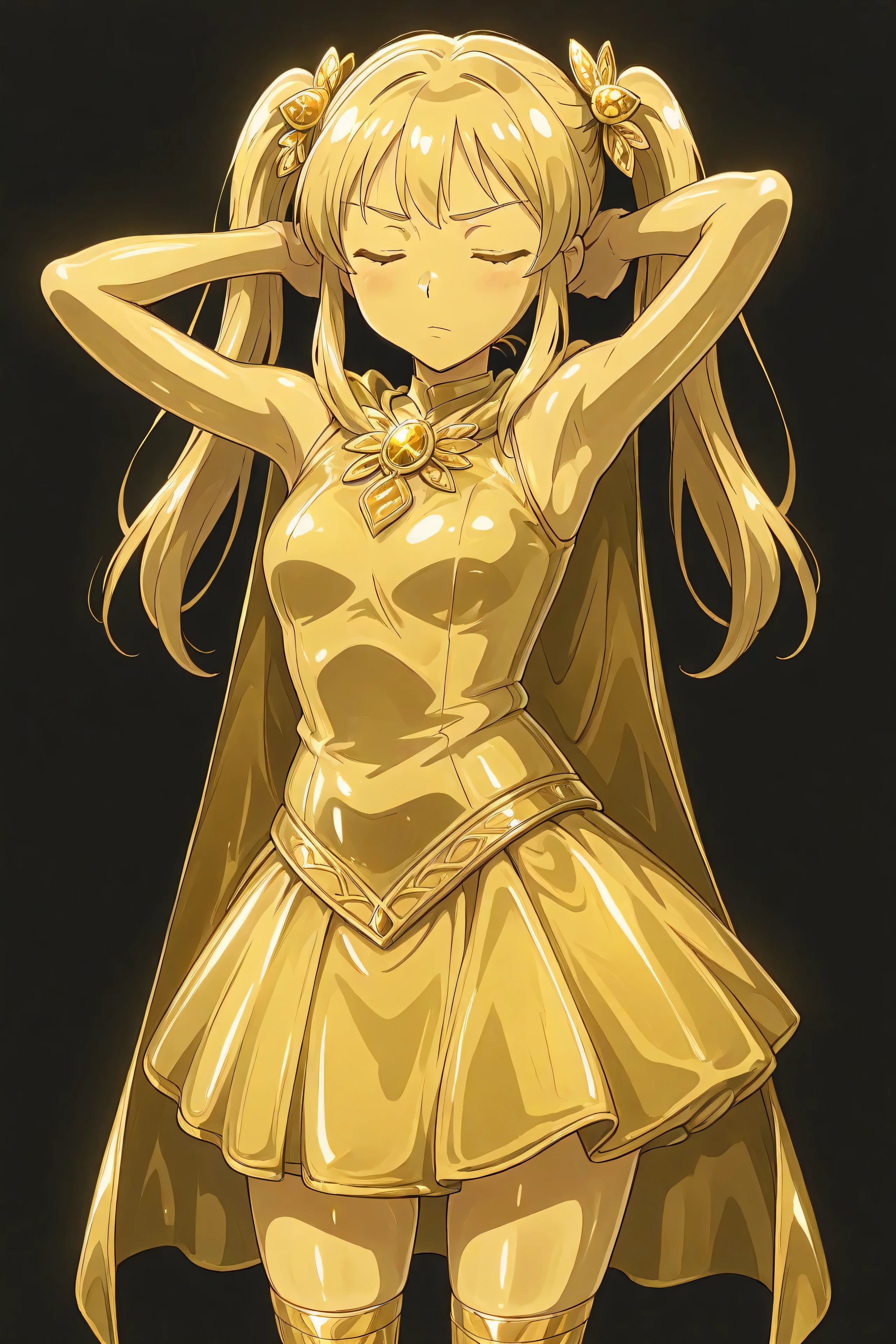 masterpiece, Highest Quality, Newest, ultra high definition, closed her eyes, gold髪,  jaundice, Women in their 20s, with her mouth closed, no students, yellow skin, shiny skin,  gold属の肌, Eyebrows, 1girl, solo, cowboy shot, standing, dynamic, watching viewers, I'm sleeping, serious expression, Black background, Armpit Show Pose, Sleeveless, gold_butterfly hair ornaments, long hair, gold_knee socks, 太ももまで長いknee socks, Magical Girl, gold_skirt,  under skirt, hair ornaments, gold_gem, gold_pants in Objective, gold_twin tails, gold_ribbon, golden hair ornaments, gold_Look Down Cloak, Metallic Outfit, あなたの体に身につけるものはすべてgoldです, shiny face,  shiny face 