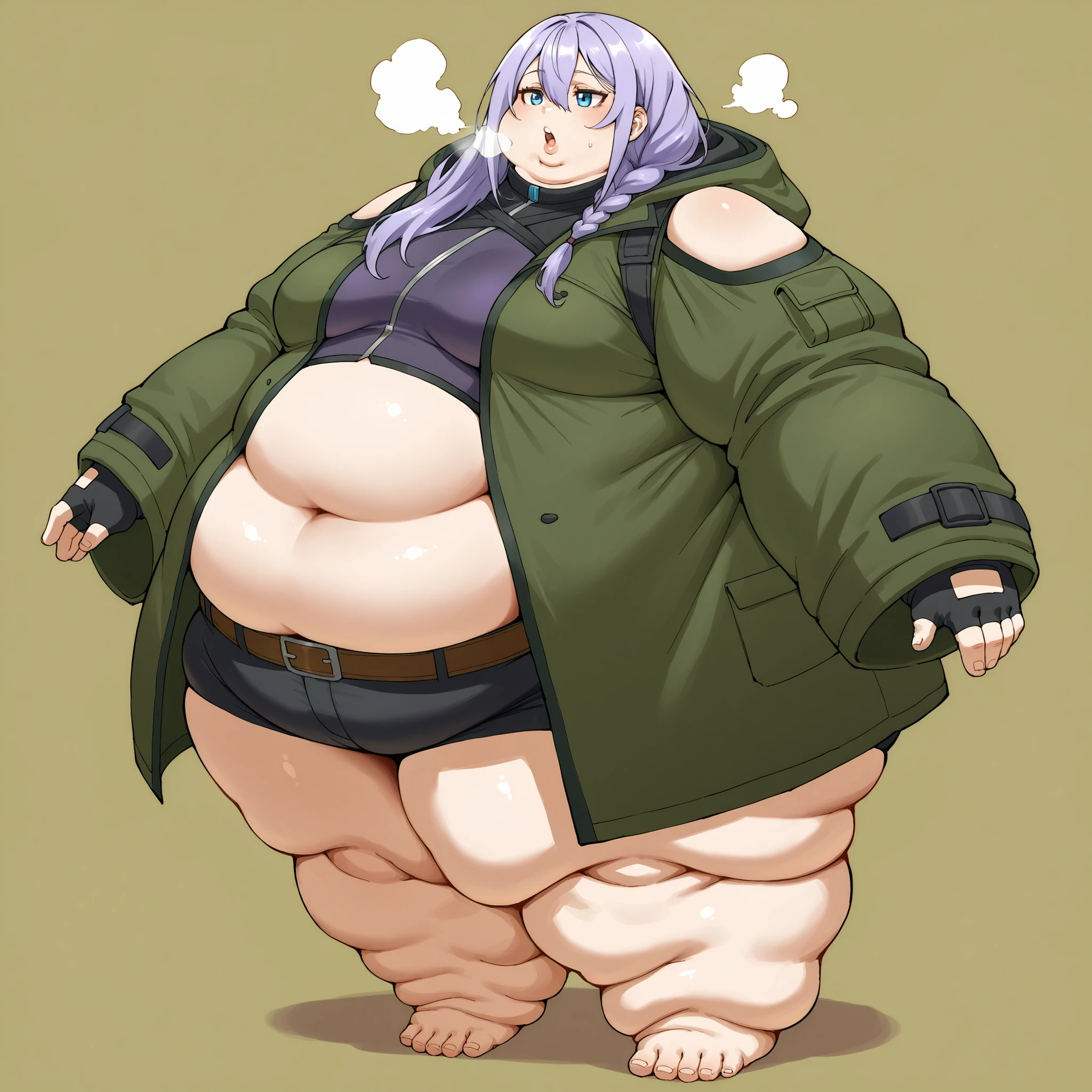 zPDXLxxx, Luna, blue eyes, purple hair, long hair, braid, hair over shoulder, hair between eyes, bangs, small breasts, coat, green coat, hooded coat, shoulder cutout, long sleeves, shorts, short shorts, black shorts, midriff, belt, fingerless gloves, black gloves, fat, chubby, obese, fat neck, multiple chins, big breasts open mouth, out of breath, Larger female, full body shot, only head, large head, oversized limbs, large hands, large feet, oversized feet, oversized fingers, big lips, plump lips, fat face, fupa, big fupa, fat fupa, hunchback