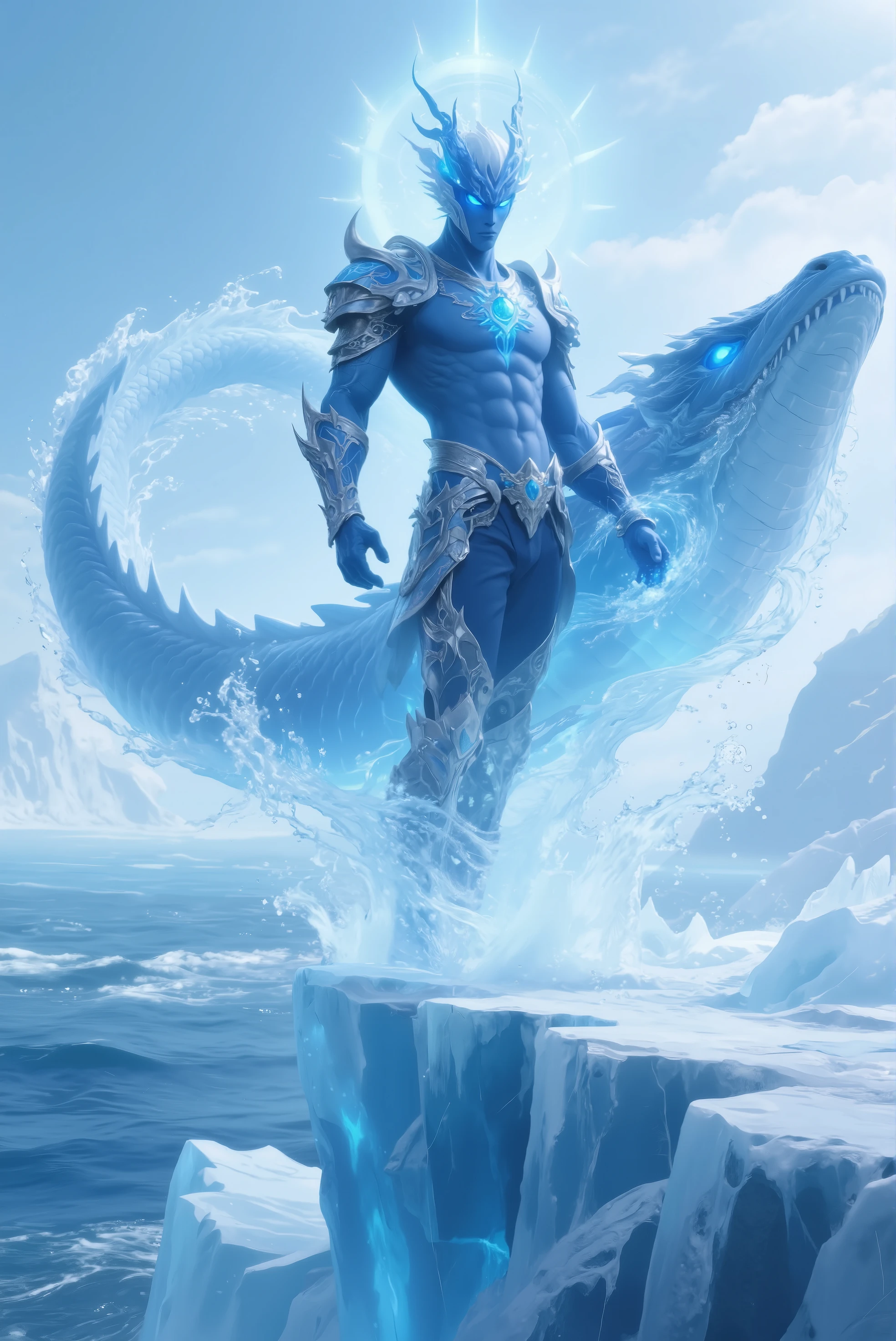 masterpiece, Anthropomorphic blue dragon, White belly,There is a pair of beautiful dragon horns, blue dragon scales,1 tail, very muscular body, nice,Water magic,Water system