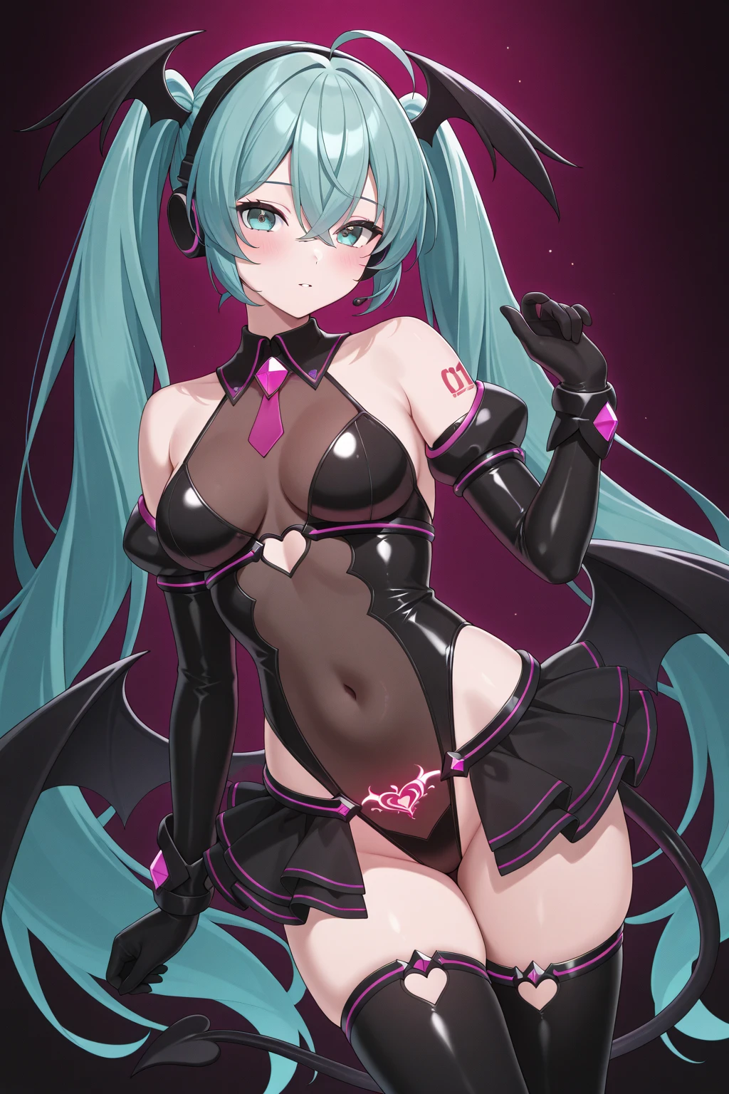 , hatsunemiku,purple eyes, blush, evil grin, purple bodycon,purple elbow gloves, black fishnet thighhighs, o-ring, necklace, bracelet, crotchless panties, jewelry, earrings, standing, ,Bodycon outfit