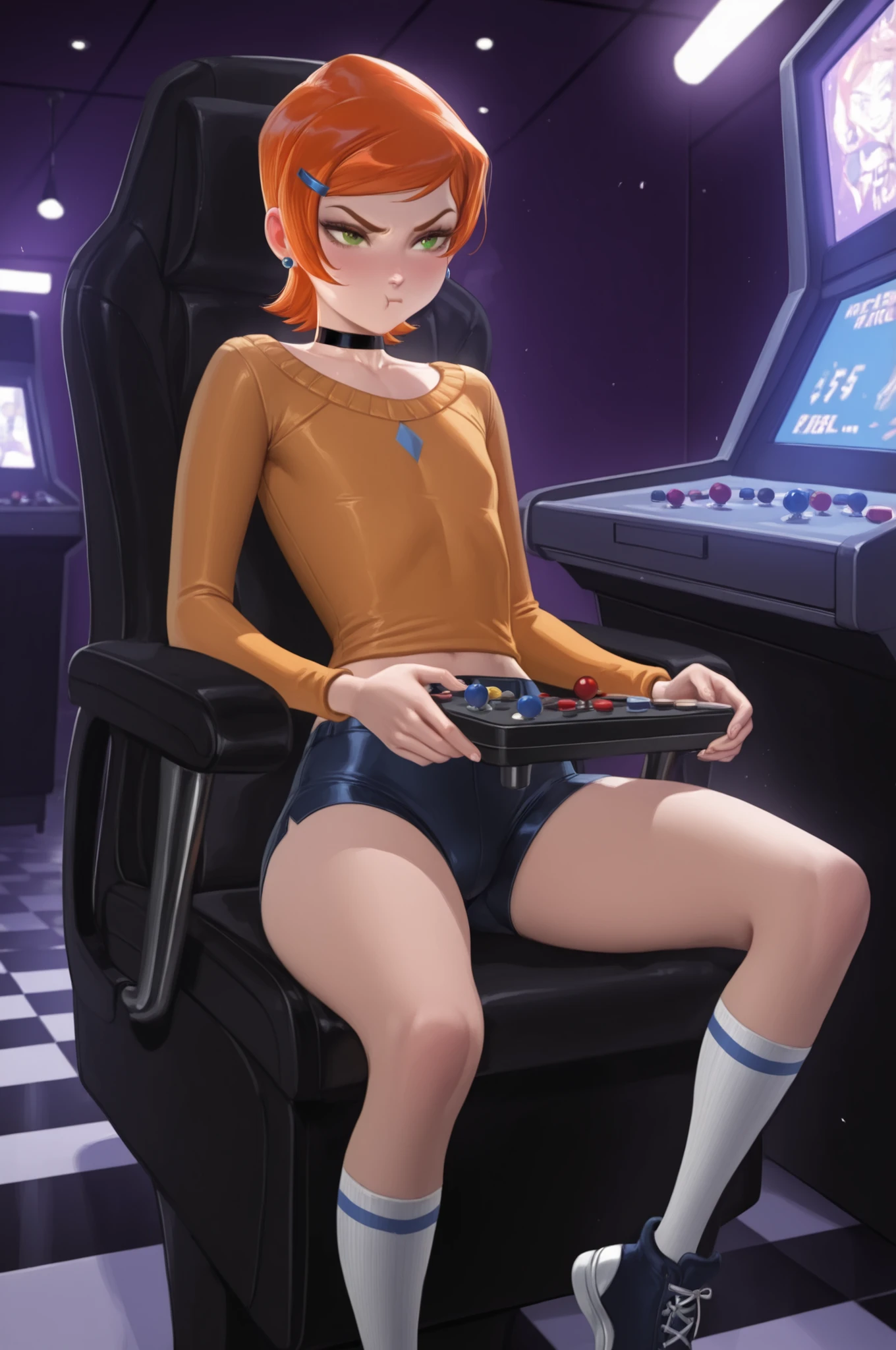 Gwen Tennyson . ginger . short hair . green eyes . flat breasts, flat chest, huge hips . slim body . choker . | newest, amazing quality, best quality, detailed skin, detailed hands, vibrant, highly detailed, absurdres, masterpiece BREAK 1girl, solo, shorts, long sleeve sweater, high socks, sneakers, sitting, leaning, holding joystick, playing videogame, by sakimichan(0.5), 4rc4d3, arcade cabinet, arcade, indoors, joystick, ceiling light, checkered floor, pout, dramatic lighting