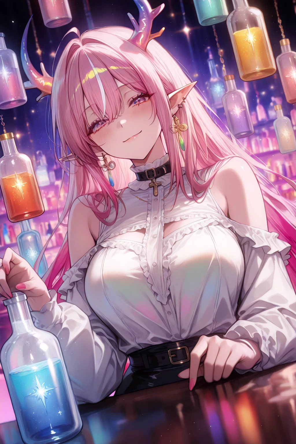 There is a woman with pink hair and bunny ears standing in a room, final fantasy style 14, final fantasy 14 sharp, neferpitou, Final Fantasy XIV, Final Fantasy 1 4 screenshot, She is in the potions workshop, wearing cyber bunny ears, ffxiv, close-up portrait of an artificer, Final Fantasy 1 4, tiflin sexy con un vestido  muy hermoso con mirada seductora