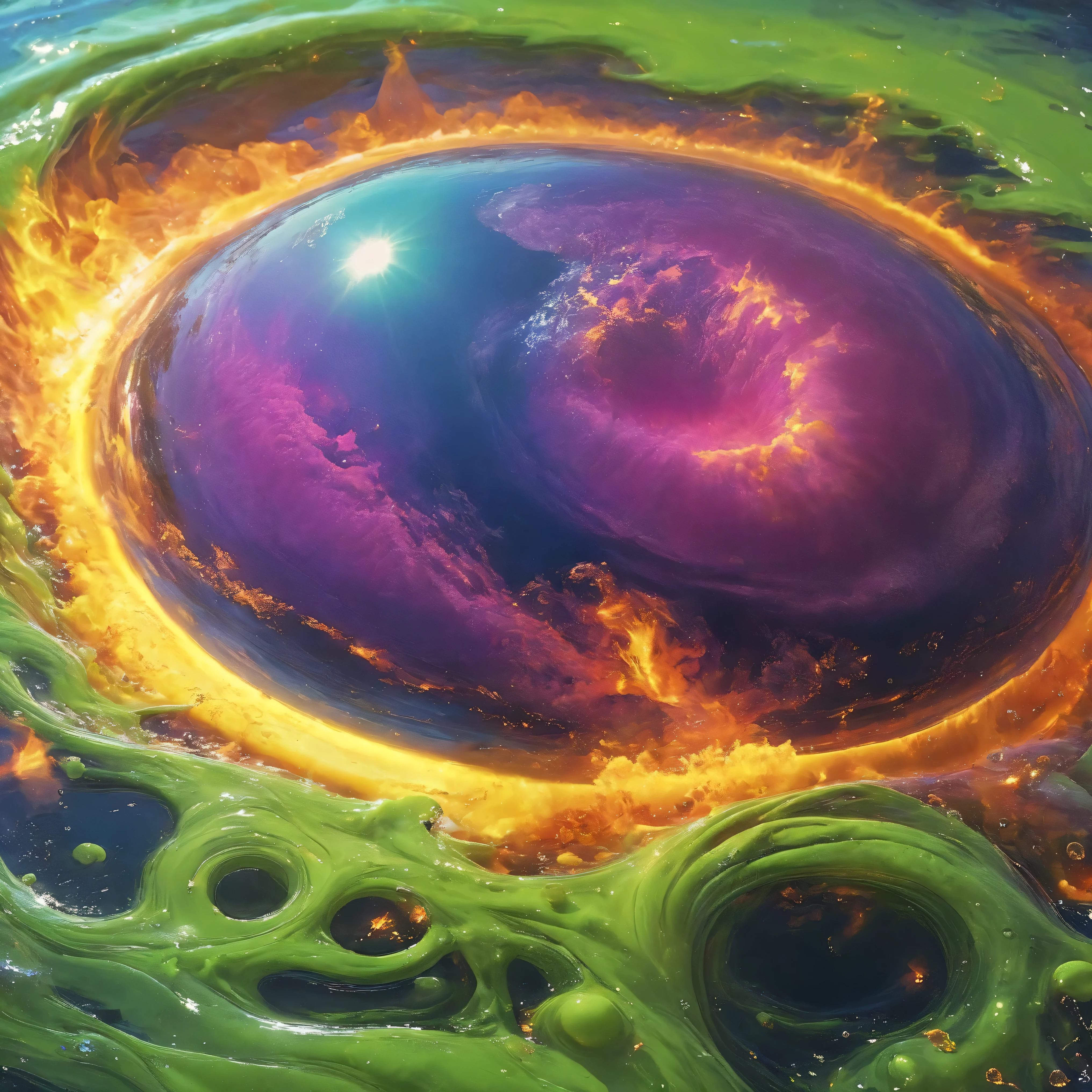 Ultra-realistic, photo-realistic, ultra-detailed, bright vibrant colors, 3D rendered realism, clear crisp images,
an electric blue sky with dark green clouds, and light lime green clouds in front of those clouds partially covering an orange fireball of a sun with tiny fragments of purple in it. The heavy green clouds empty out a slime green liquid that pours into the dark waters of a large lake below. The lake has rings of slime green with dark water in between these rings where the slime green liquid pours into the lake. 8k, high-res, surrealism, aesthetically incredible, icon style, intricate textures and details, best quality, vivid colors, realistic-looking, hyperrealistic, 3D rendered realism, UHDR, a masterpiece.