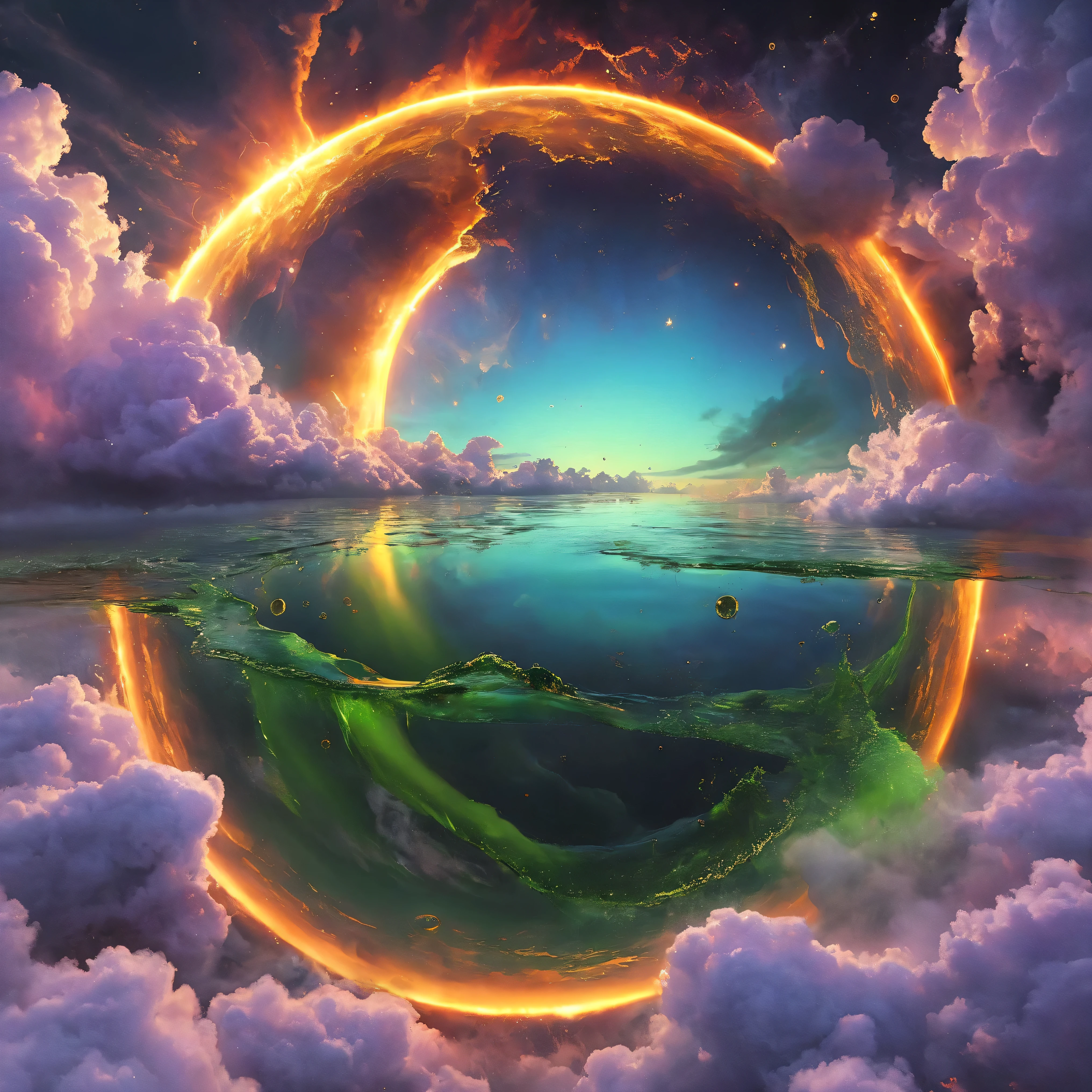 Ultra-realistic, photo-realistic, ultra-detailed, bright vibrant colors, 3D rendered realism, clear crisp images,
an electric blue sky with dark green clouds, and light lime green clouds in front of those clouds partially covering an orange fireball of a sun with tiny fragments of purple in it. The heavy green clouds empty out a slime green liquid that pours into the dark waters of a large lake below. The lake has rings of slime green with dark water in between these rings where the slime green liquid pours into the lake. 8k, high-res, surrealism, aesthetically incredible, icon style, intricate textures and details, best quality, vivid colors, realistic-looking, hyperrealistic, 3D rendered realism, UHDR, a masterpiece.