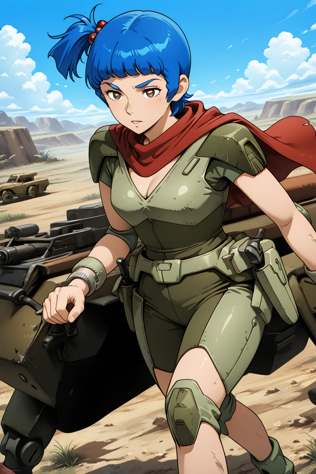 Frieren (Vault Girl), (masterpiece, best quality, absurdres, detailed, ultra-detailed:1.3), gorgeous, (trending on CGSociety, trending on pixiv, contest winner:1.3), post-apocalypse, fog, (best quality, masterpiece, bokeh, highres), fallout 4, 1girl, blue vaultsuit, VaultGirl, narrowed eyes, pipboy3000, leather armored, walking, closed mouth, lake, upper body, running towards viewer, night