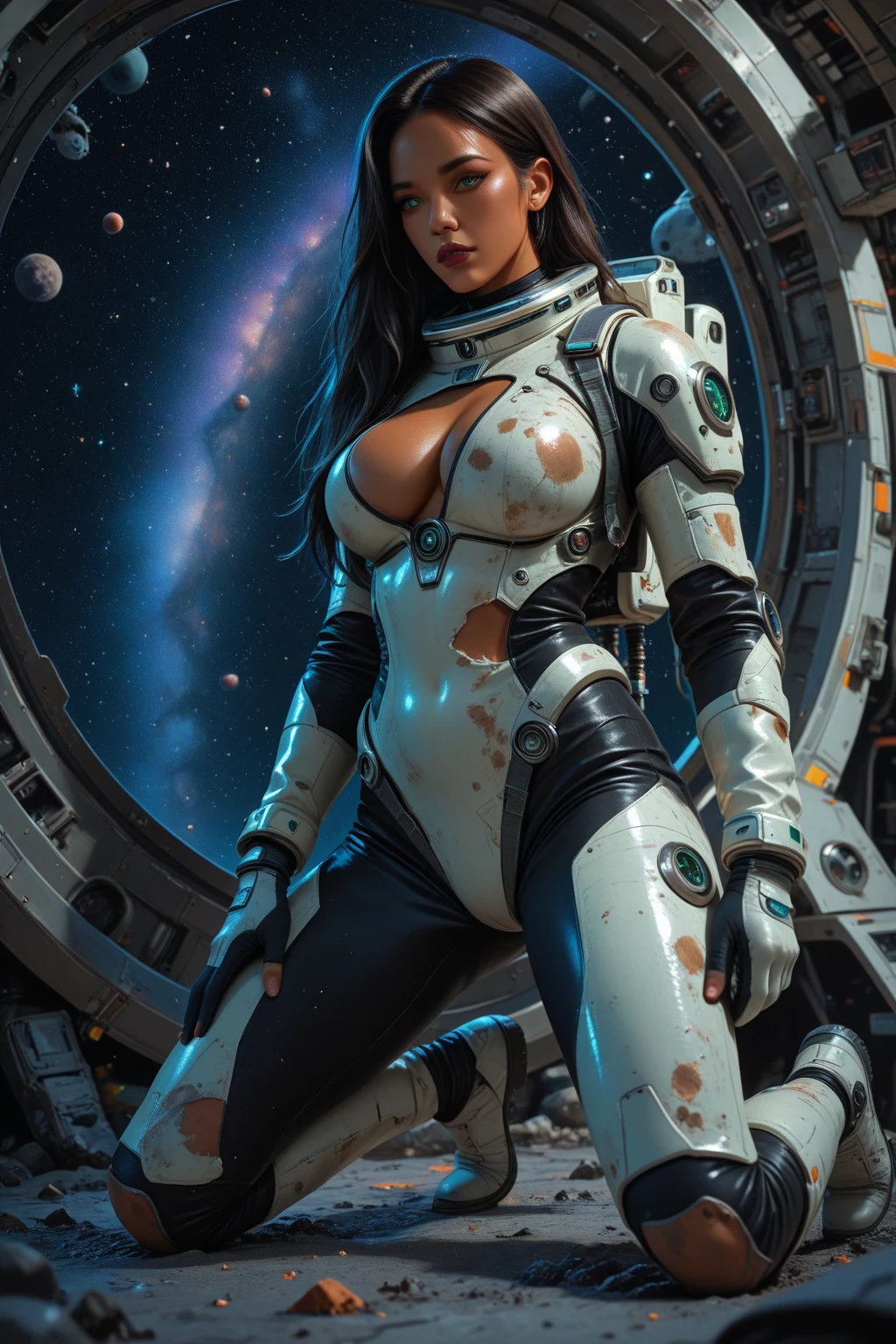 28 years old Spanish woman, ((full body)), (()), ((heavily armored space commander)), beautiful chest, standing with her legs spread apart in the space ship in deep space far from the galaxy, no planet and no moon around there, fighting the huge alien space ship, milky way outside of the ship, zoom in from below