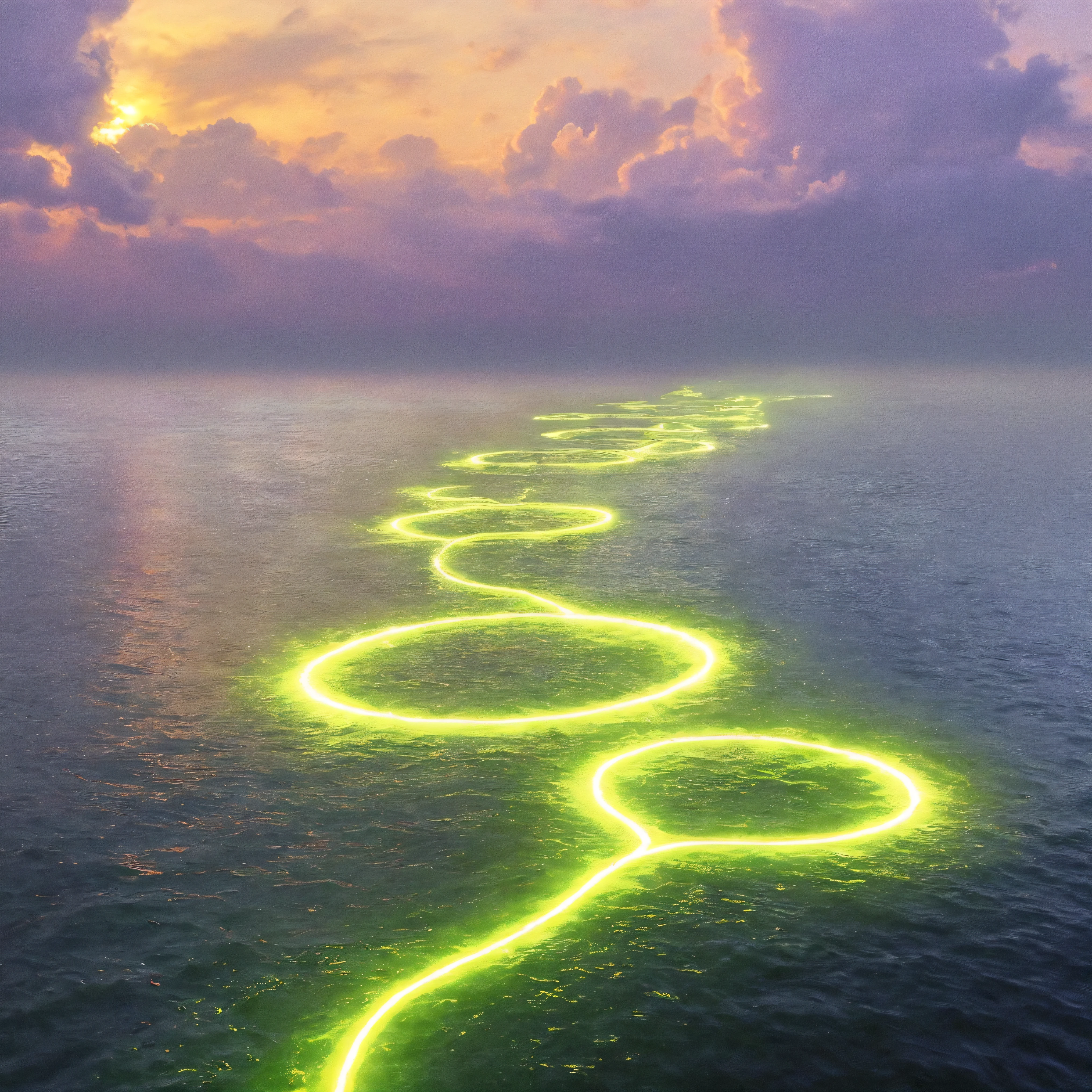 Ultra-realistic, photo-realistic, ultra-detailed, bright vibrant colors, 3D rendered realism, clear crisp images,
 an electric blue sky with dark green clouds, and light lime green clouds in front of those clouds partially covering an orange fireball of a sun with tiny fragments of purple in it. The heavy green clouds empty out a slime green liquid that pours into the dark waters of a large lake below. The lake has rings of slime green with dark water in between these rings where the slime green liquid pours into the lake. 8k, high-res,  surrealism, aesthetically incredible, icon style, intricate textures and details, best quality, vivid colors, realistic-looking, hyperrealistic, 3D rendered realism, UHDR, a masterpiece. 