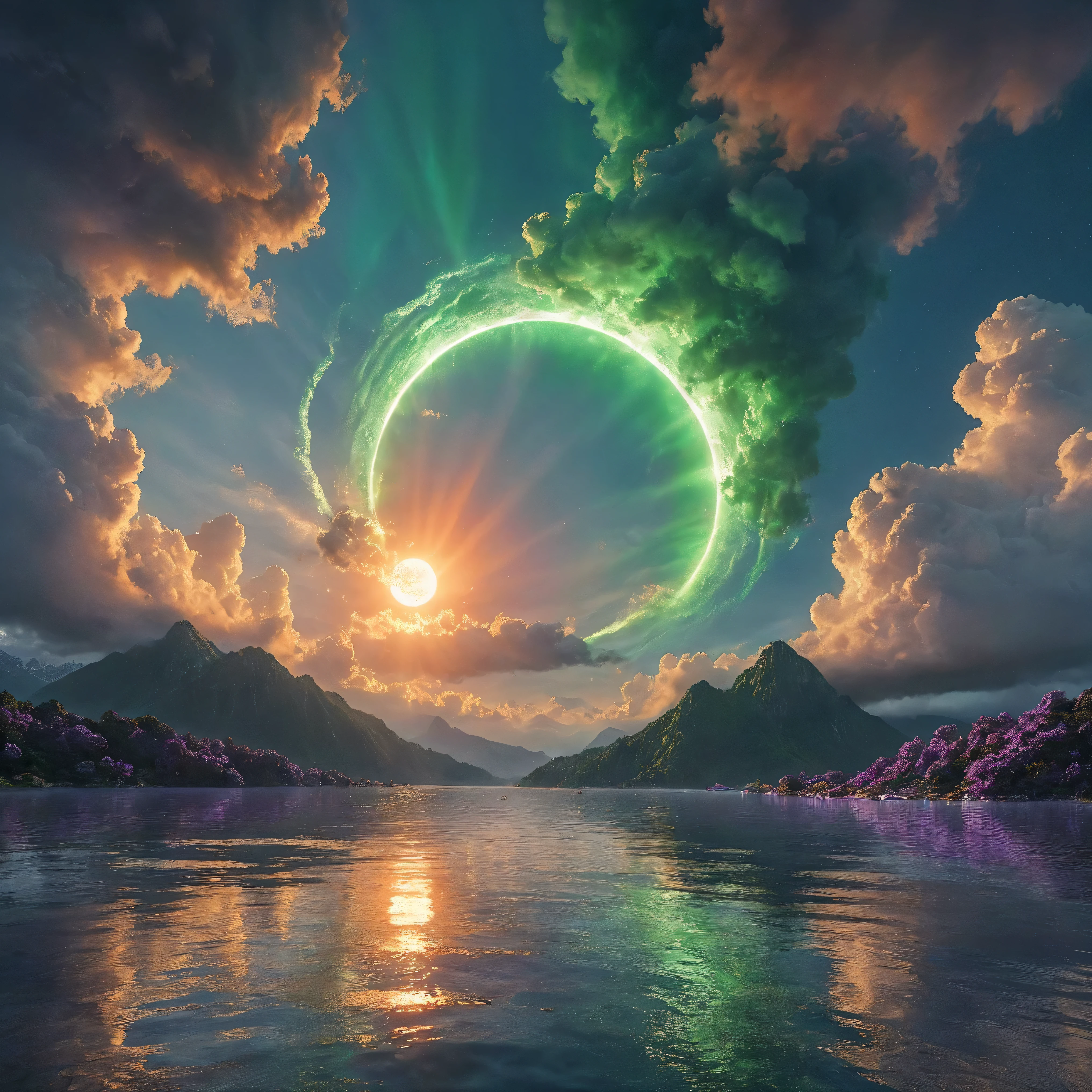 Ultra-realistic, photo-realistic, ultra-detailed, bright vibrant colors, 3D rendered realism, clear crisp images,
An electric blue sky filled with large dark green cumulus clouds, with light lime green and white billowing clouds in front of these that are partially covering an oversized sun that hovers like a gigantic orange fireball intricately incorporating tiny fragments of purple stitching contained within it. The heavy green clouds empty out a slime green liquid that pours into the dark waters of a large lake below. The lake has rings of slime green with dark water in between these rings where the slime green liquid has dropped into the lake. Bright vibrant colors, attention to texture on the clouds and water, 8k, high-res, surrealism, aesthetically incredible and dramatic, cinematic photography, cinematic composition, icon style, intricate textures and details, best quality, vivid colors, realistic-looking, hyperrealistic, 3D rendered realism, UHDR, octane render, trending on artstation, stable diffusion, cinematic lighting and shading, cinematography, a masterpiece.