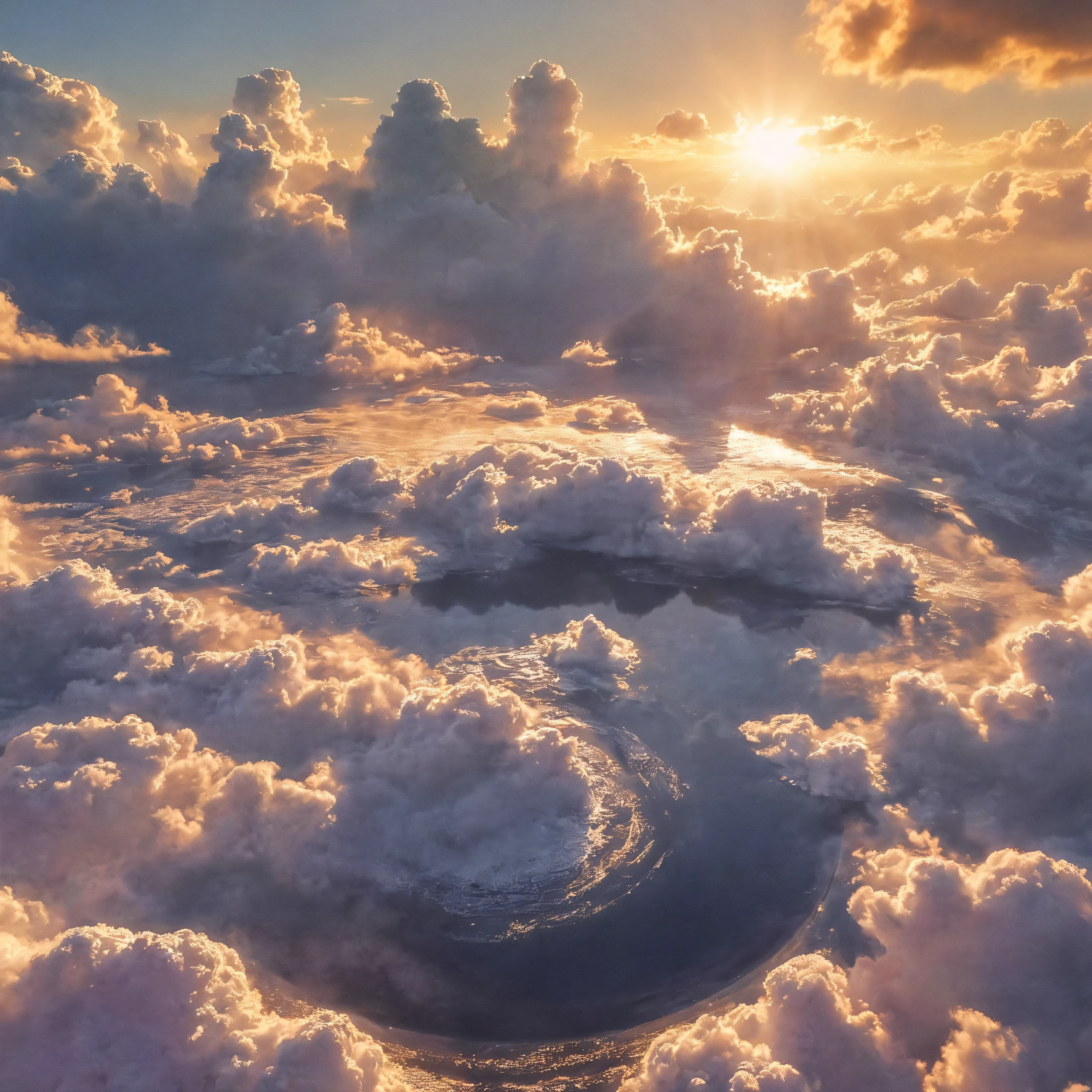 Ultra-realistic, photo-realistic, ultra-detailed, bright vibrant colors, 3D rendered realism, clear crisp images,
 An electric blue sky filled with large dark green cumulus clouds, with light lime green and white billowing clouds in front of these that are partially covering an oversized sun that hovers like a gigantic orange fireball intricately incorporating tiny fragments of purple stitching contained within it. The heavy green clouds empty out a slime green liquid that pours into the dark waters of a large lake below. The lake has rings of slime green with dark water in between these rings where the slime green liquid has dropped into the lake. Bright vibrant colors,  attention to texture on the clouds and water, 8k, high-res,  surrealism, aesthetically incredible and dramatic, cinematic photography, cinematic composition, icon style, intricate textures and details, best quality, vivid colors, realistic-looking, hyperrealistic, 3D rendered realism, UHDR, octane render,  trending on artstation,  stable diffusion, cinematic lighting and shading, cinematography, a masterpiece. 