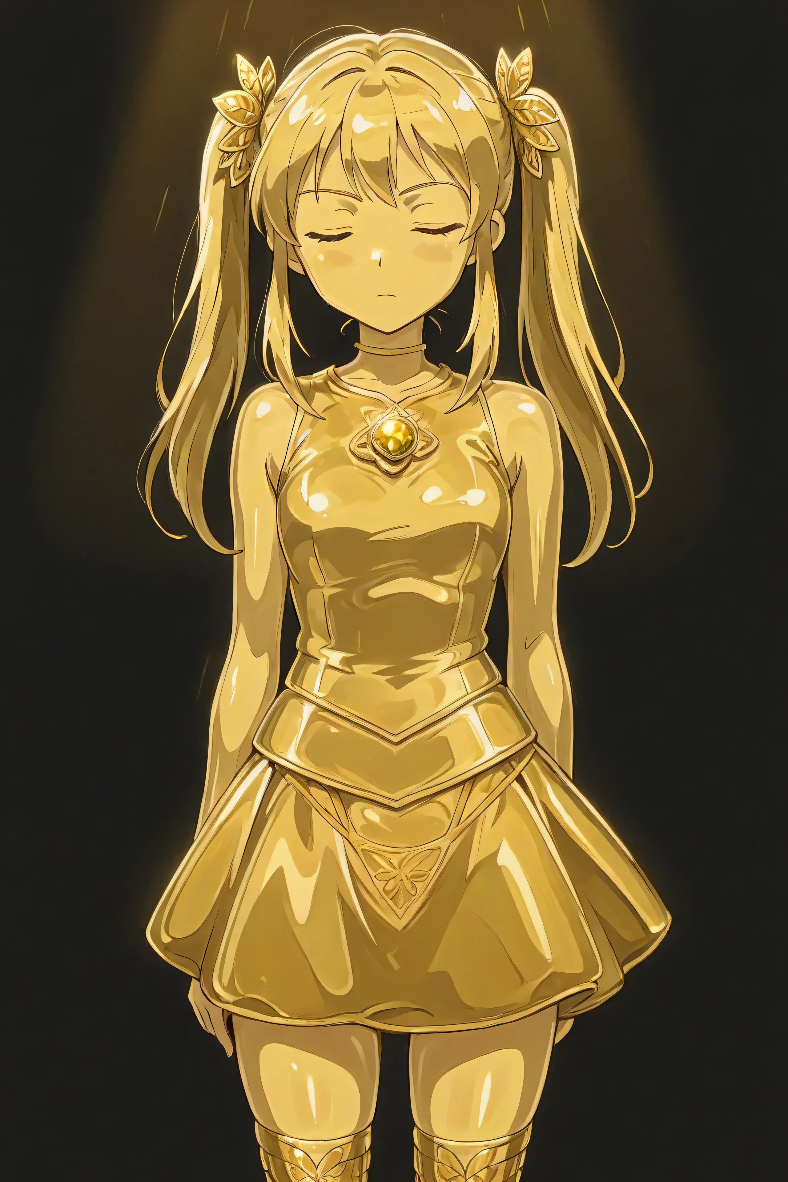 masterpiece, Highest Quality, Newest, ultra high definition, closed her eyes, gold髪, jaundice, Women in their 20s, with her mouth closed, no students, yellow skin, shiny skin, gold属の肌, Eyebrows, 1girl, solo, cowboy shot, standing, dynamic, watching viewers, I'm sleeping, back view, serious expression, Black background, skirtを脱ごうとしている, thong butt, Sleeveless, gold_butterfly hair ornaments, long hair, gold_knee socks, 太ももまで長いknee socks, Magical Girl, gold_skirt, under skirt, hair ornaments, gold_gem, gold_pants in Objective, gold_twin tails, gold_ribbon, golden hair ornaments, gold_Look Down Cloak, Metallic Outfit, あなたの体に身につけるものはすべてgoldです, shiny face, shiny face