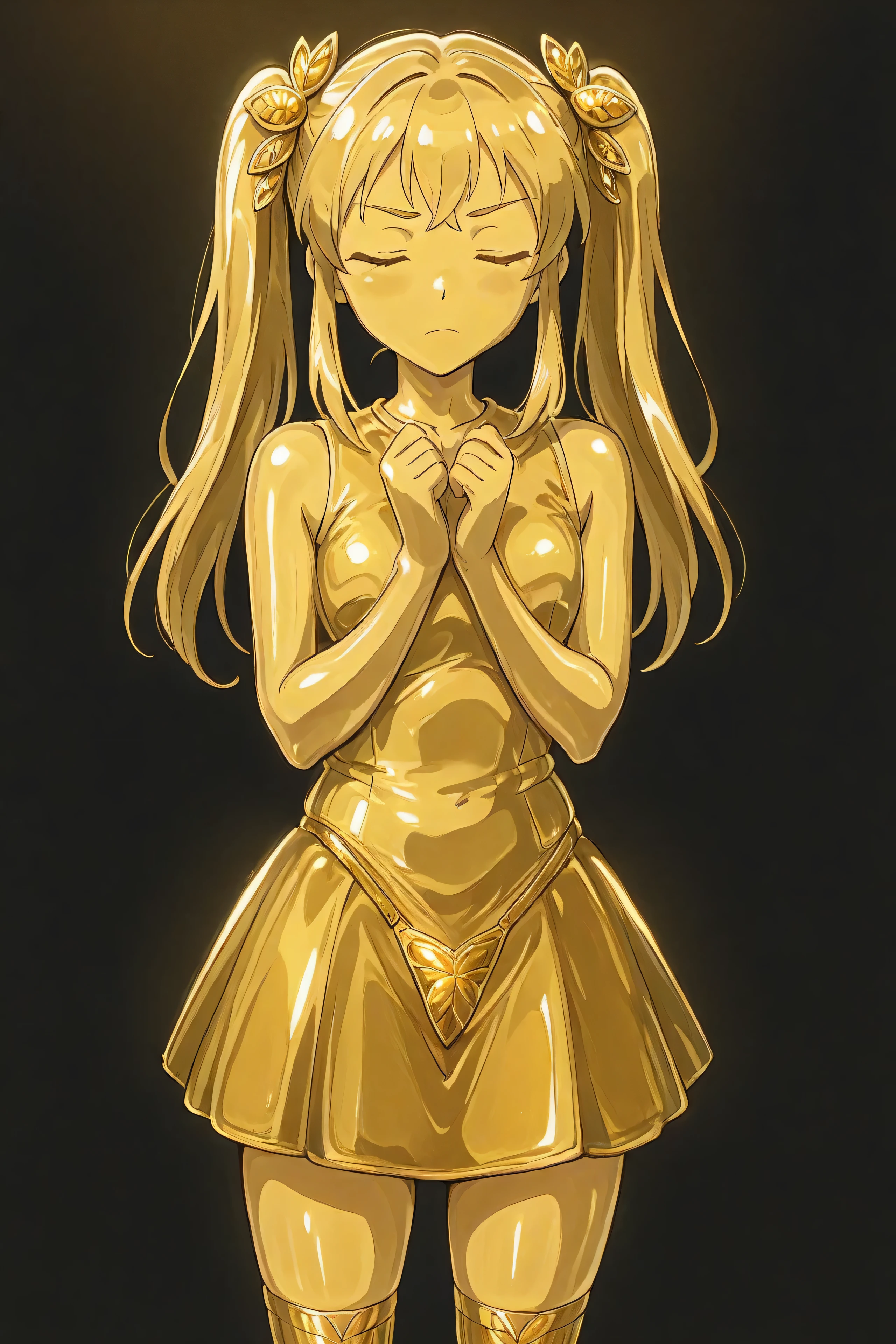 masterpiece, Highest Quality, Newest, ultra high definition, closed her eyes, gold髪,  jaundice, Women in their 20s, with her mouth closed, no students, yellow skin, shiny skin,  gold属の肌, Eyebrows, 1girl, solo, cowboy shot, standing, dynamic, watching viewers, I'm sleeping, back view, serious expression, Black background, skirtを脱ごうとしている, thong butt, Sleeveless, gold_butterfly hair ornaments, long hair, gold_knee socks, 太ももまで長いknee socks, Magical Girl, gold_skirt,  under skirt, hair ornaments, gold_gem, gold_pants in Objective, gold_twin tails, gold_ribbon, golden hair ornaments, gold_Look Down Cloak, Metallic Outfit, あなたの体に身につけるものはすべてgoldです, shiny face,  shiny face 