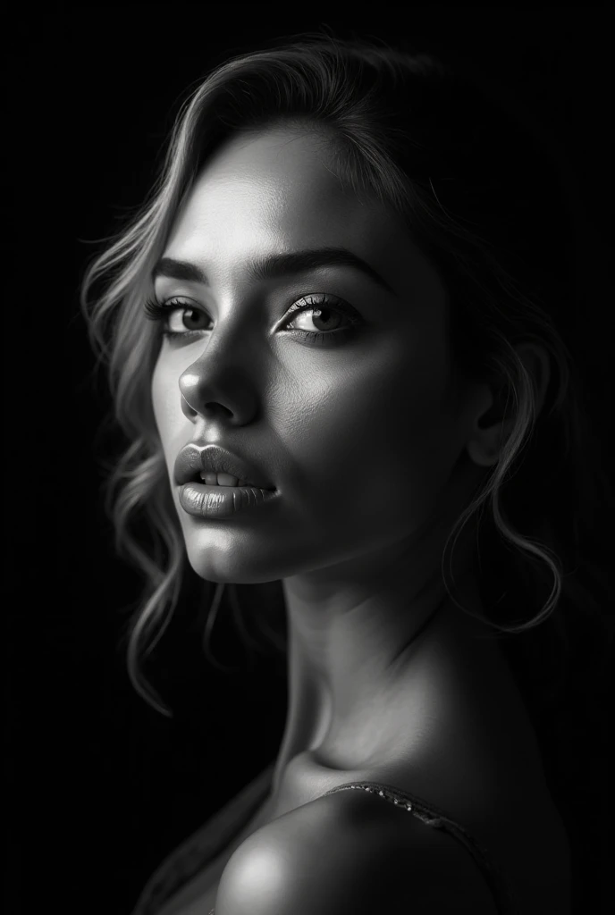 studio photography. black and white photography. rim light. studio light. black background. hasselblad camera. medium format. 80mm lens f2.8. ultrarealistic skin texture. 25 years old girl  vogue.  close portrait. . blonde