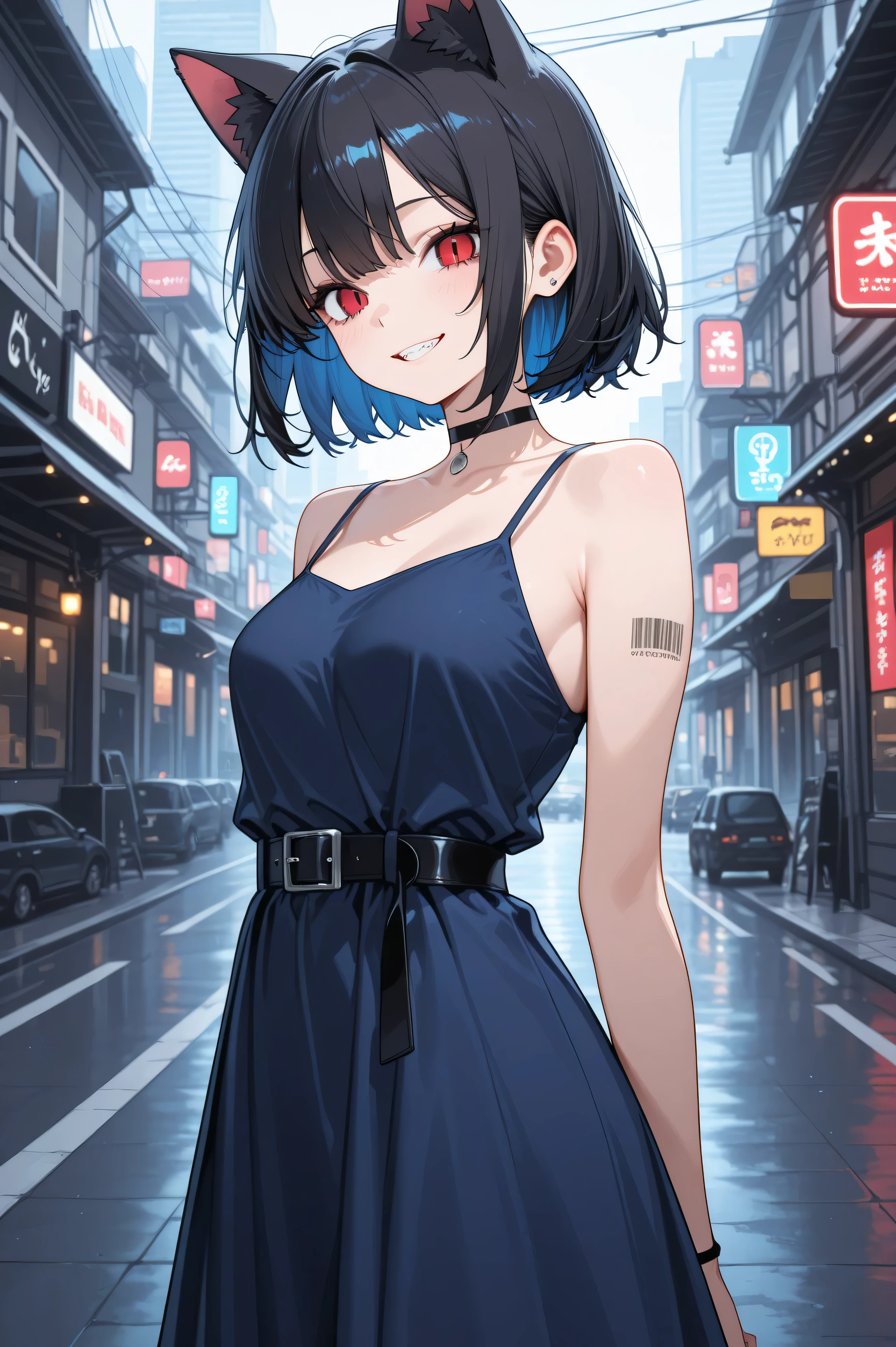 takemicasualp5, extremely detailed face, extremely detailed eyes, short hair, bob cut, very black hair, blue hair, choker, necklace, leather jacket, blue dress, spiderweb, ripped pantyhose, makeup, eyeliner, (wetting self:1.5), desperation, , (blushing:1.5), embarrassed, humiliation, aroused, , trembling, city, street, crowd, night, futuristic, colorful lights, colorful city