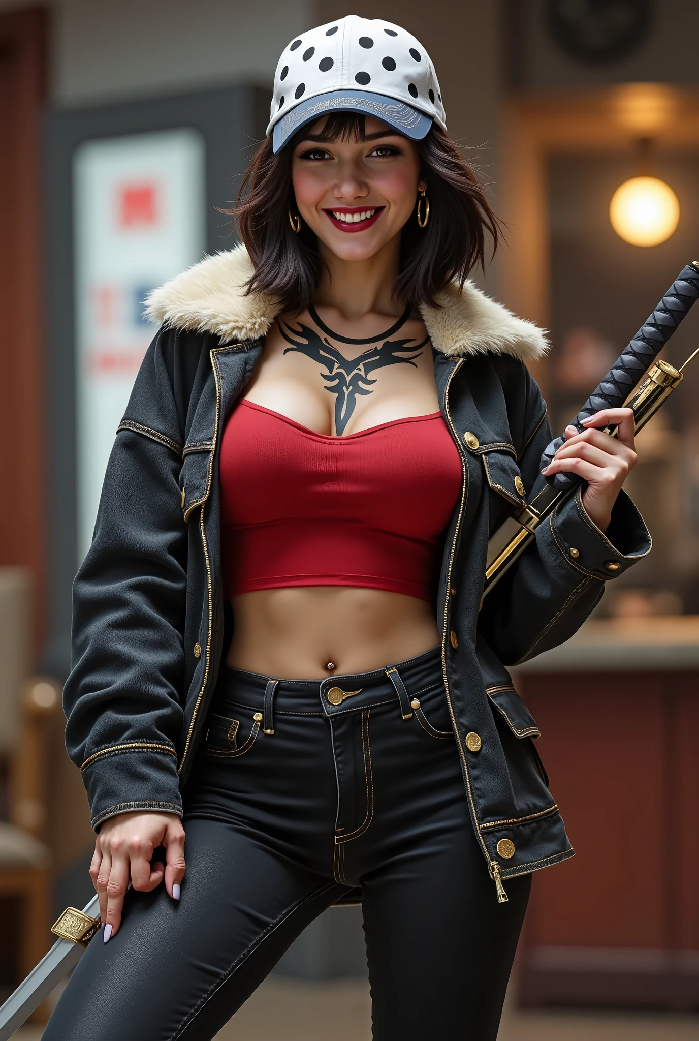 A photorealistic, highly detailed digital painting of a female character inspired by Trafalgar Law (gender-bent). She has black tribal tattoos on her chest and hand. She wears a crimson red crop top, open, fur-collared dark denim jacket, and fitted jeans. She has red lipstick, gold hoop earrings, and a white, polkadot patterned cap. She squad pose in an urban/indoor setting with a happy smile open mouth showing teeth expression, holding the hilt of a long katana in her right hand. Full body, cinematic lighting, ultra-detailed