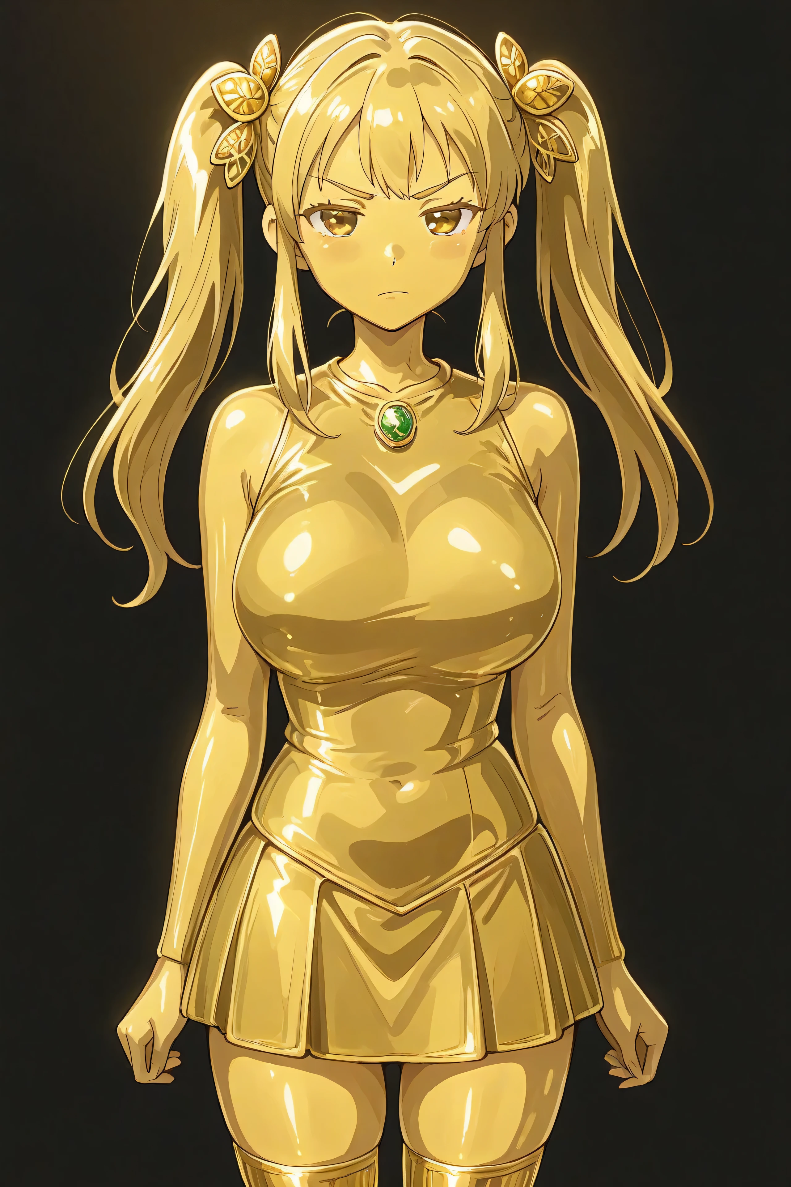 masterpiece, Highest Quality, Newest, ultra high definition, gold色の瞳, gold髪, jaundice, Women in their 20s, with her mouth closed, no students, yellow skin, shiny skin, gold属の肌, Eyebrows, 1girl, solo, cowboy shot, standing, dynamic, watching viewers, back view, serious expression, Black background, skirtを脱ごうとしている, thong butt, Sleeveless, gold_butterfly hair ornaments, long hair, gold_knee socks, 太ももまで長いknee socks, Magical Girl, gold_skirt, under skirt, hair ornaments, gold_gem, gold_pants in Objective, gold_twin tails, gold_ribbon, golden hair ornaments, gold_Look Down Cloak, Metallic Outfit, あなたの体に身につけるものはすべてgoldです, shiny face, shiny face , big breasts