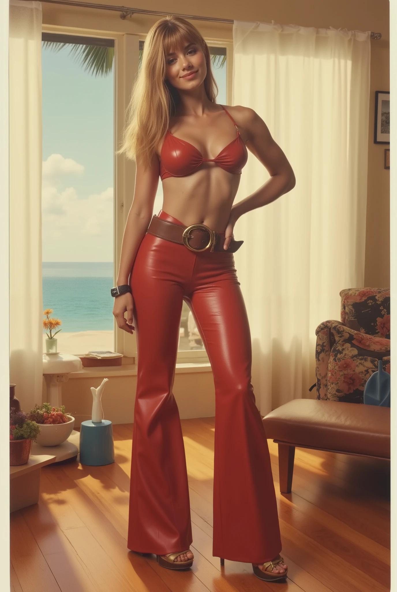  Vintage Polaroid-style full-body portrait of a sexy , provocative girl secret in 1970s pin-up style . Tall , athletic build , long blonde straight blonde hair with a bang a hair tie aholokan , close eyes , high arched eyebrows , large breasts , slim waist , broad shoulders , shapely calves . She wears shiny red leather flared pants and a matching deep-cut front-tied top in red leather . Accessories: wide brown leather belt with large gold buckle , gold high-heeled sandals . Sunlit 1960s American room interior with tropical beach visible through the window .