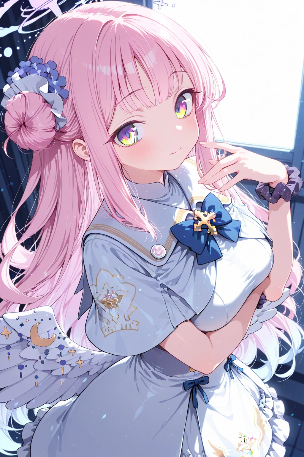 1girl, mika \(blue archive\), solo, scrunchie, wings, pink hair, wrist scrunchie on left hand, flower, dress, hair ornament, long hair, head rest, yellow eyes, white dress, day, white pantyhose, hair bun, single side bun, hair flower, white wings, halo, blush, bangs, crescent, low wings, frilled dress, potted plant, outdoors, angel wings, star \(sky\), sky, frills, pantyhose, blurry background, very aesthetic, absurdres