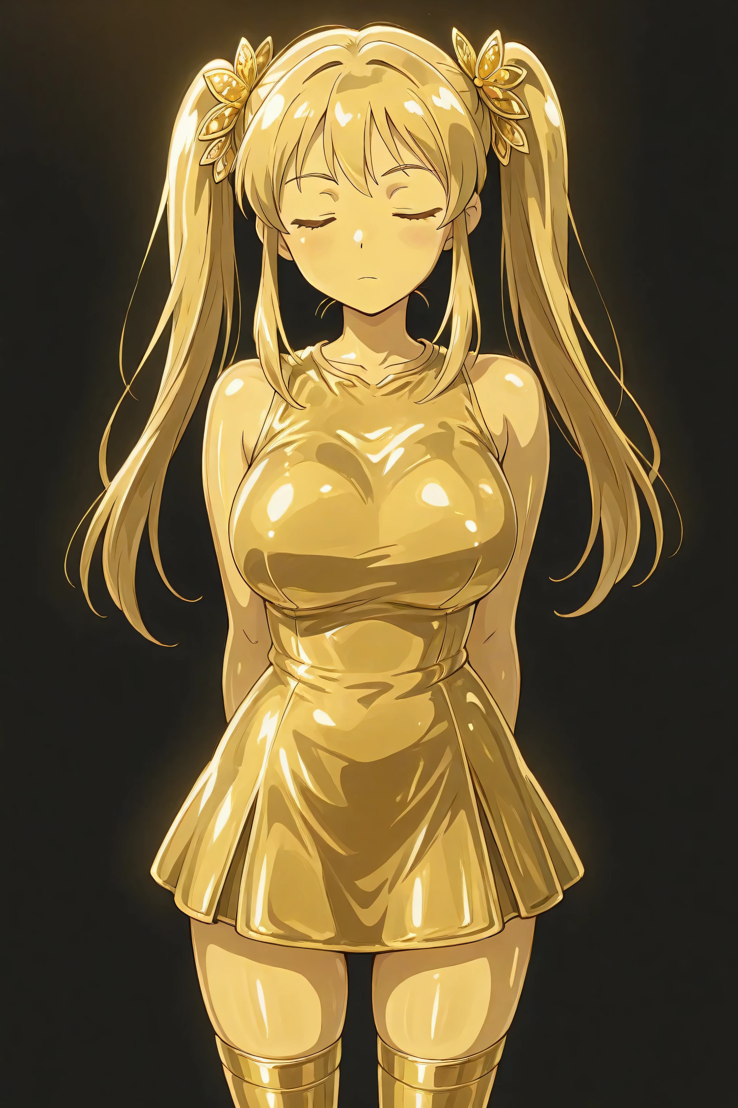 masterpiece, Highest Quality, Newest, ultra high definition, closed her eyes, gold髪,  jaundice, Women in their 20s, with her mouth closed, no students, yellow skin, shiny skin,  gold属の肌, Eyebrows, 1girl, solo, cowboy shot, standing, dynamic, watching viewers, I'm sleeping, Her Back, serious expression, Black background, T-backのお尻, Sleeveless, gold_butterfly hair ornaments, long hair, gold_knee socks, 太ももまで長いknee socks, Magical Girl, gold_underwear, gold_T-back, hair ornaments, gold_gem, gold_twin tails, gold_ribbon, golden hair ornaments, Metallic Outfit, あなたの体に身につけるものはすべてgoldです, shiny face,  shiny face , big breasts