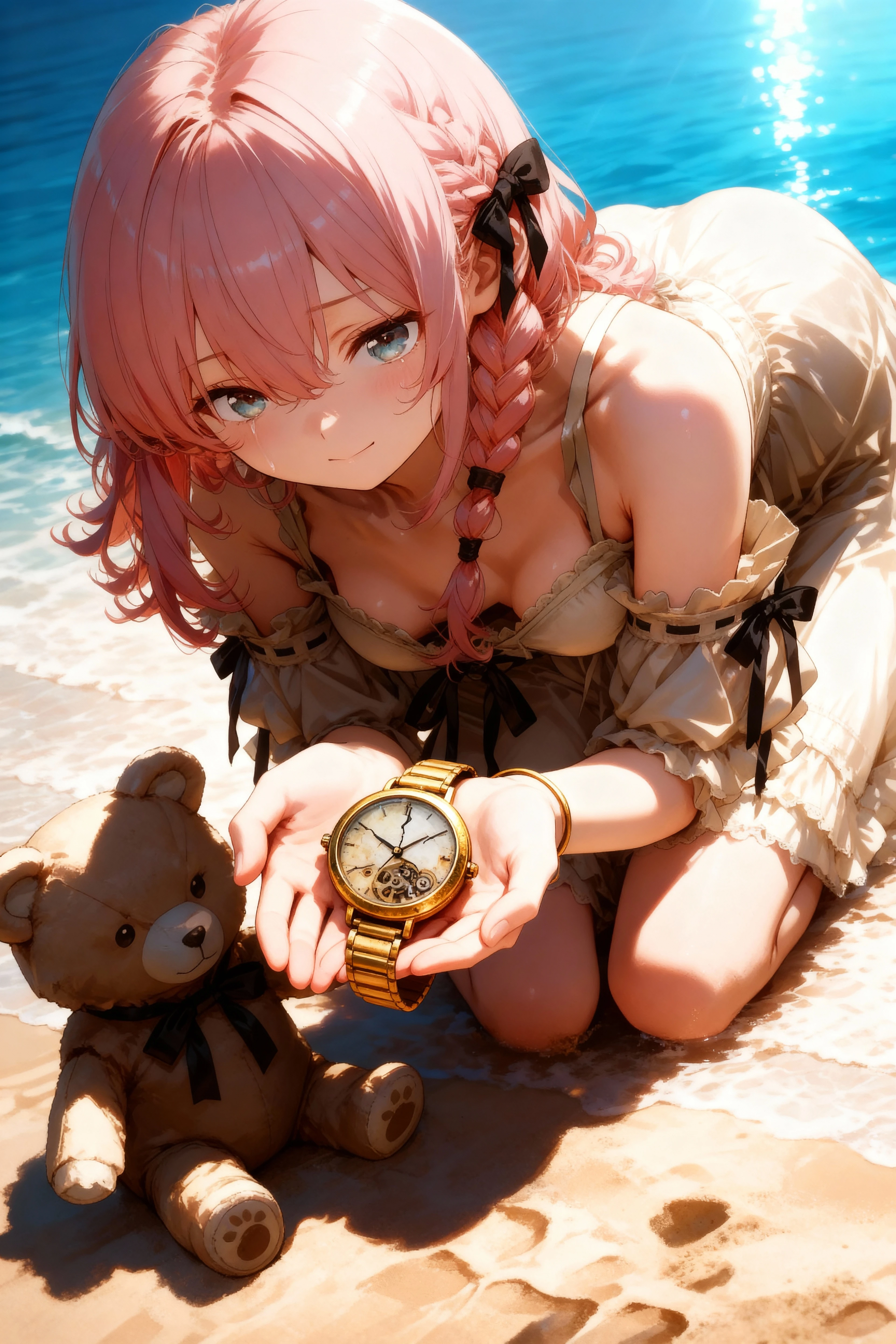 Close-up of an 18-year-old noble daughter joyfully receiving a golden wristwatch from her father
focus on daughter's delighted face, large round golden eyes, straight long golden hair, smooth fair skin, subtle smile
daughter holds the golden wristwatch with both hands, front visible
realistic anime style
BREAK
watch detail: small, delicate women's wristwatch, round dial, gold bezel, thin gold strap, elegant and refined, not overly ornate
father's hand reaching in to give the watch, soft lighting highlighting metal and hand details
BREAK
warm indoor light, soft bokeh background, subtle hints of luxurious medieval-style room, wooden furniture, tapestries
ethereal realism, high detail facial expressions and hands, watch gleaming subtly
BREAK
quality enhancement: ultra-detailed, ultra-realistic textures, cinematic lighting, sharp focus on face, watch, and hands, realistic reflections, intricate fabric folds, high resolution, photorealistic skin and hair
BREAK
negative prompt: deformed , extra limbs, low detail, messy background, harsh shadows, unnatural proportions, blurred faces, modern elements