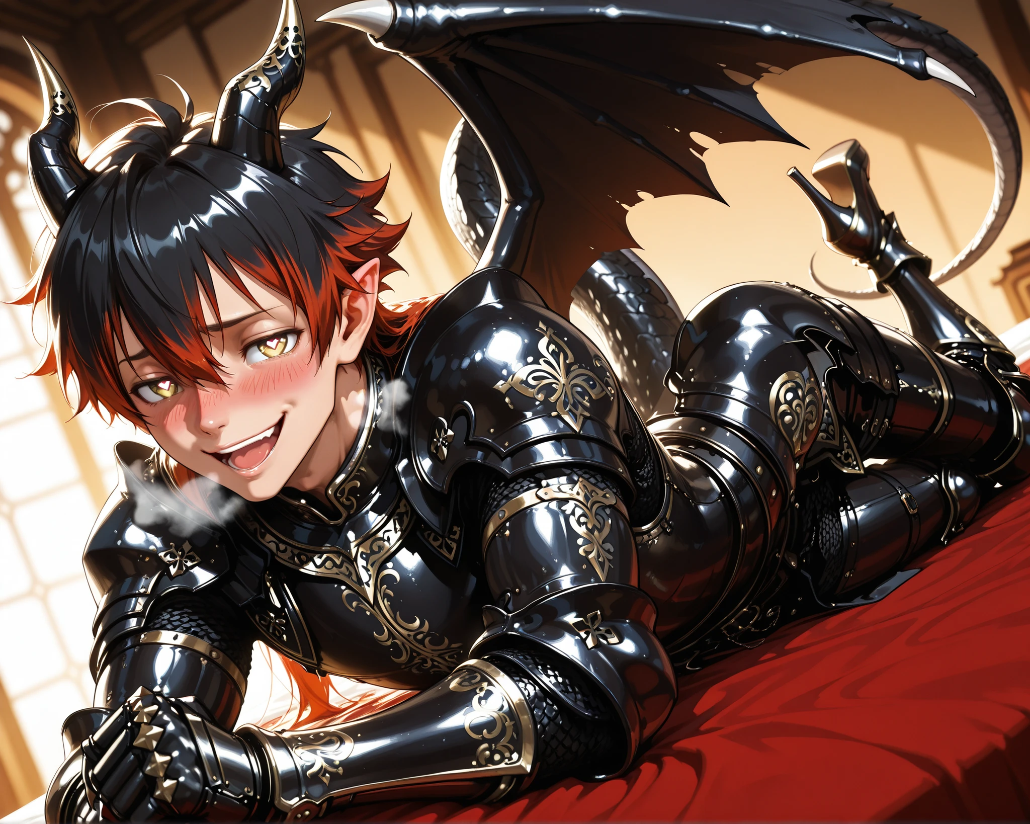 score_9, score_8_up, score_7_up, absurdres, (((128K Ultra High Resolution))), (masterpiece, best quality: 1. 5), (high definition: 1. 4), (highres), 8K wallpaper, (excellent graphics: 1. 5), CG, (((Japanese Anime style))), (1 male), (solo), (((lean body, masculine))), weredragon, glossy black, shiny black leather, (((beautiful golden eyes, finely detailed eyes, bright eyes, heart symbol eyes))), hair between eyes, black hair, long hair, sideburns, wild hair, (((sadistic smile, naughty face, open mouth))), ((ultra detailed face)), (((blushing, heavy breathing))), shiny skin, long pointy ears, twisted torso, long-legged, sculpted face, wasp waist, dragon horn, dragon tail, dragon wings, dragon sharp claws, (black armor with a lot of grandiose decorations: 1. 5), half dragon half human, (on a luxurious bed, lying on stomach with buttocks up, bed waiting for you: 1. 5), (looking straight into the camera, dutch angle, dynamic pose: 1. 5), (ultra detailed black armor, well-polished black armor: 1. 5), (gold-adorned armor: 1. 5), all black outfit, full body, good-looking man, (best illustration, highly detailed artwork: 1. 5), dramatic lighting, (intricate detail, extreme detailed, super detailed: 1. 5), (stark contrast, heavy shadows: 1. 3), ((detailed black decorations)), beautiful & aesthetic, photoreal, (from the back), (mysteriously crafted black metal armor: 1. 5), thick & luxuriant hair, (ultra detailed fantasy black armor, wonderful black armor: 1. 5), (realistic metal texture), broad shoulder, true-to-life visuals, artistically refined, (extremely delicate & beautiful armor, elaborate armor details: 1. 5), (giant black armor, dark armor, stylized armor: 1. 5), (((armor-type high heels))), (extremely detailed armor with intricate engravings, intricate armor with gold ornaments: 1. 5), (very gorgeous and dazzling), (dark fantasy black knight: 1. 5), slim waistlines, wide chested, sinewy body, (Hyper Detailed & Perfectly Designed Black Armor: 1. 5), (luxury bedroom)