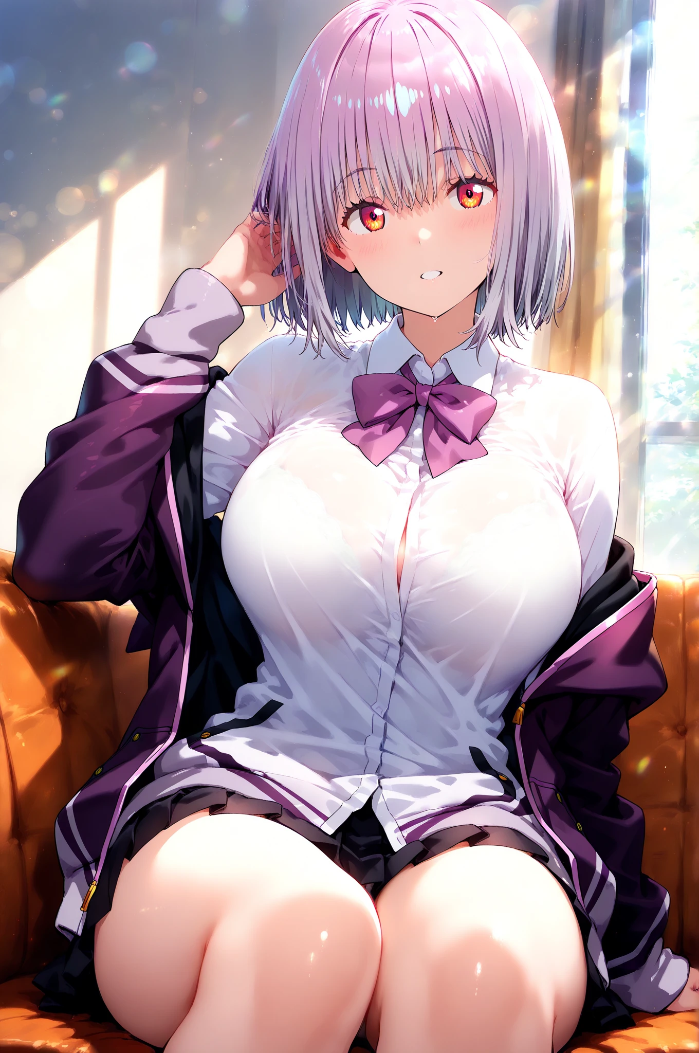 shinjou akane, light purple hair, (pink eyes:1.2), short hair, school uniform, shirt, sleeves past wrists, unbuttoned shirt, , , pov, 1boy, 1girl, breasts squeeze together,  between the breasts, indoor, pubic hair, wet , cleavage