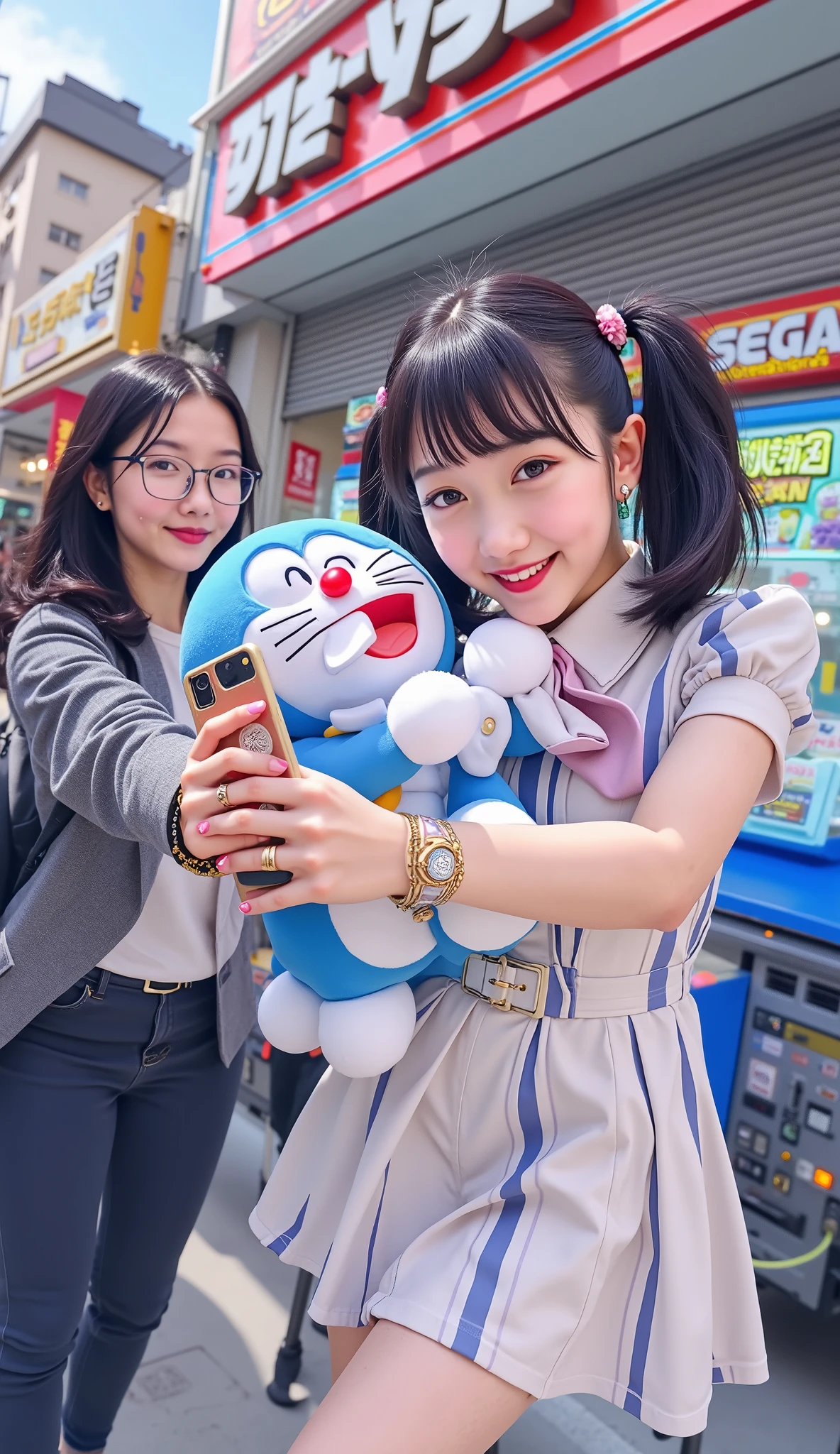 A real person, a strong presence, a realistic face, realistic hair,

A scene viewed from the side, showing woman A happily hugging a Doraemon plush toy in front of a SEGA game center and a UFO catcher machine, while her friend takes pictures of her with a smartphone. Woman A is (a Japanese Harajuku-style girl, 24 years old, 156cm tall, with twin tails (blue tips), an energetic image, Gen Z, a happy smile, clothing: a white shirt with a round collar, a ribbon tie, a white A-line dress with blue vertical stripes, rings, earrings), her friend is a woman with black hair and glasses.