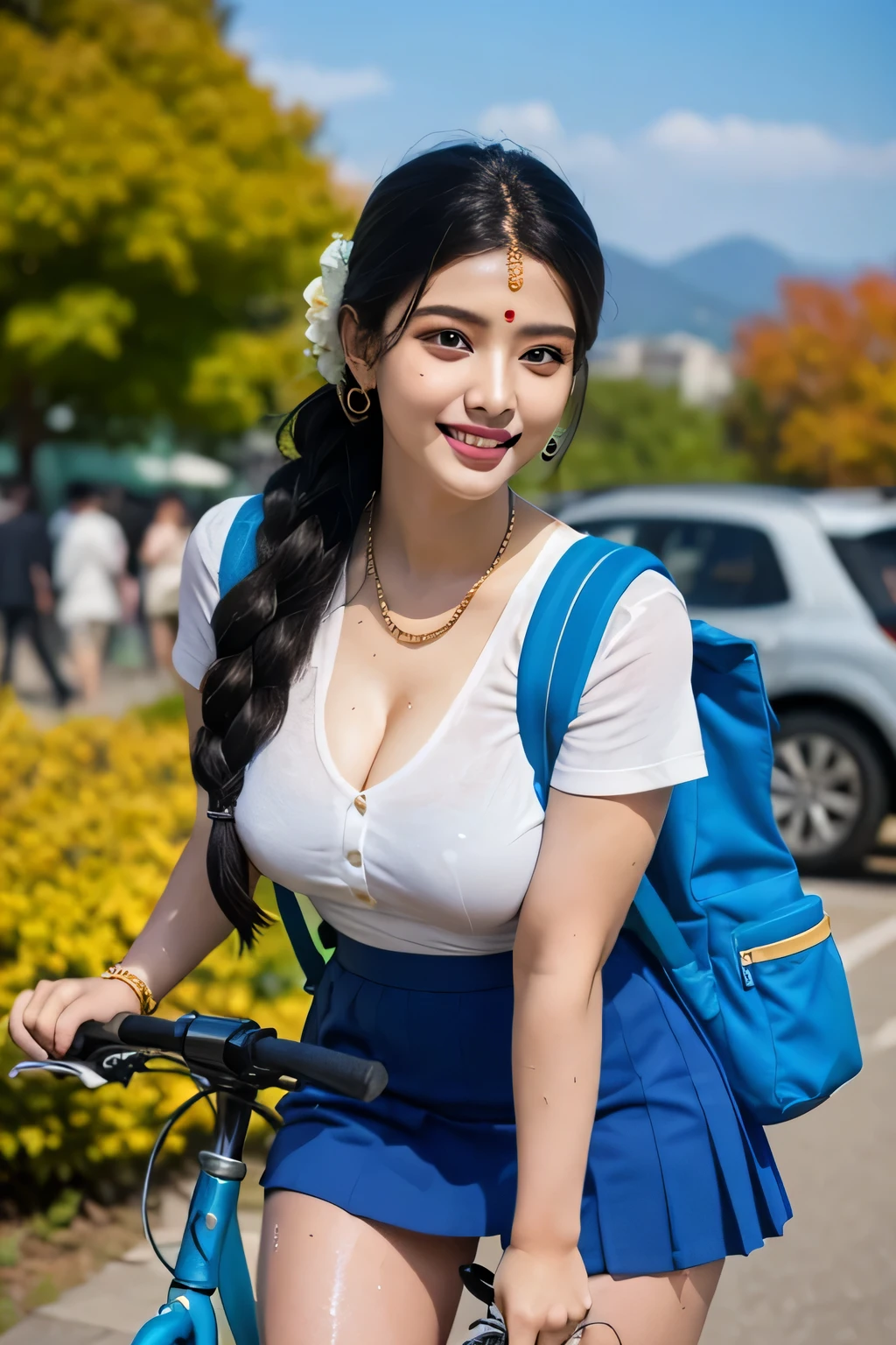 A young Indian schoolgirl, real indian face, teen girl, dusky brown skintone, with massive gigantic breasts, desi indian face, smiling face, smiling lips, cute face, extremely chubby figure, fatty woman, face of a young Indian wife, ridding a bicycle, on bicycle seat, realistic bicycles, b1k3g1rl,bicycle,riding bicycle, proper way of riding bicycle, hands westing on bicycle handle, proper bicycle head, distant horizon, mountain in the horizon, white clouds scattered in blue sky, autumn sky, legs wide spreaded, thick thighs, leaning back. Super curvy figure, well-defined curves, beautiful breasts, gigantic breasts, perfectly shaped real breasts. Photorealistic, ultra-realistic real-life woman, ultra 4k quality, 8k, high resolution, ultra-detailed. Detailed face, cutest face, pretty and delicately gorgeous, detailed eyes, perfect shaped eyes, long eyelashes, detailed lips, perfect closed lips, proper upper lips, symmetrical curvy lips, extremely detailed skin, realistic skin texture, shiny wet skin, detailed sweaty skin, sweating heavily, (soaked in sweat :1.2). Her hands are perfectly shaped, perfect fingers, perfectly shaped head features. Cinematic lighting, dramatic lighting, bright light, Indian bridal makeup, beautiful makeup face, heavy face makeup, eyeliner kajal, eye makeup, red bindi on forehead, braided hair, hair braid, hairband, light jewelry. Wearing a beautiful school skirt, school dress, formal school shirt, bra highlight, mini skirt, detailed school uniform, proper school shirt, skirt, realistic thighs. thick chubby thighs, fatty thighs, glowing thighhighs, detailed crotch, long golden earring, golden bangles on hand, wearing a golden necklace. Flower hairband, massive gigantic breasts, contrasting panty colour, posing in seducive manner, young school girl with backpack, school dress, tie, lose tie on neck, neck tie, Cute school girl. Buttoned shirt, light colour laced panty, mole on the chin, skinspot on chin, realistic school shirt