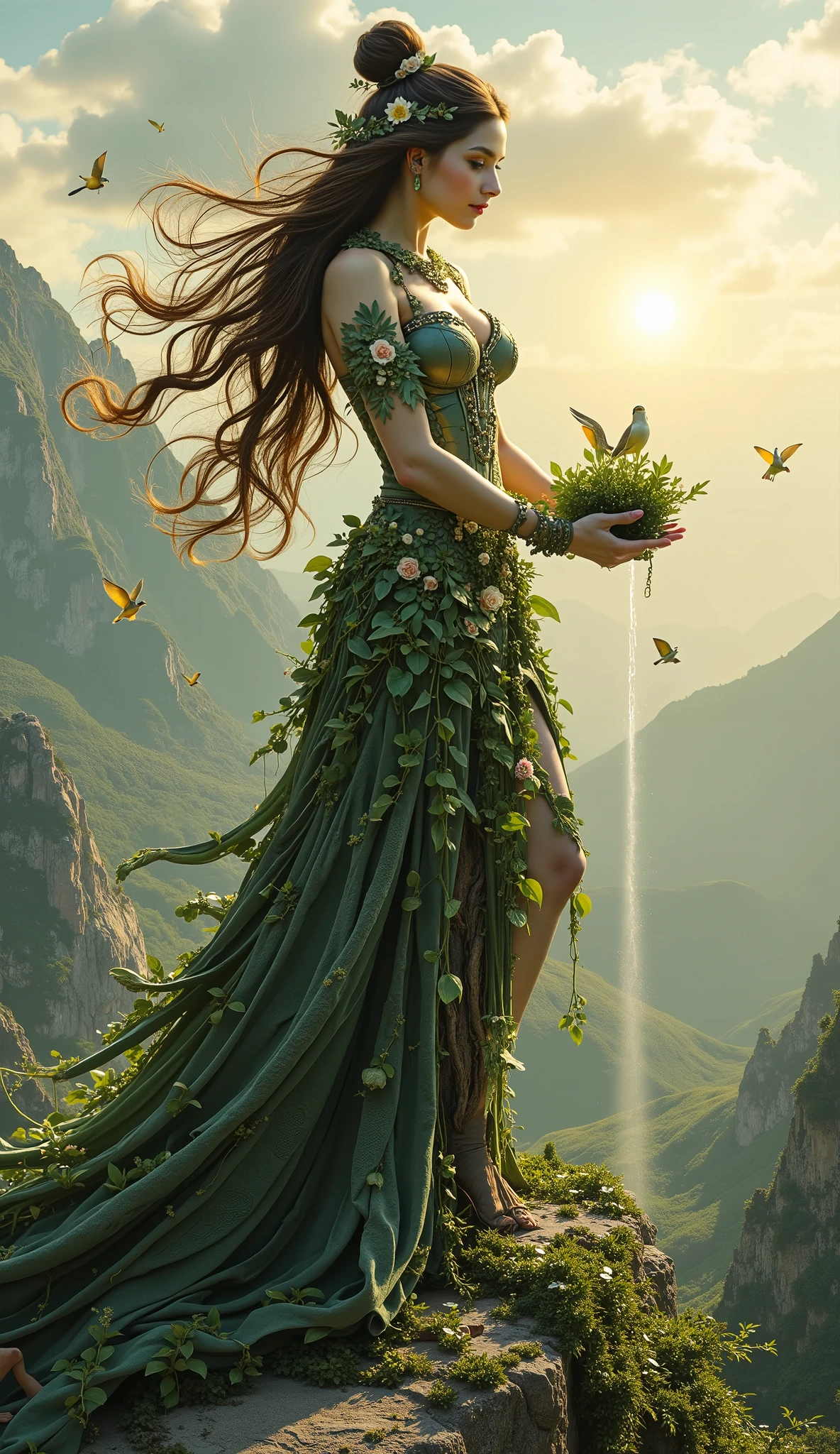Epic fantasy, ultra detailed, 8k, cinematic
A majestic feminine Gaia known as "The Gardener", towering and divine yet intimate in scale,
her body composed of living earth: woven roots, mossy skin, carved stone plates and blooming flowers,
flowing hair made of vines, blossoms and dripping dew, cascading like a waterfall of green,
she wears an elegant gown of overlapping leaves and metallic petals that suggest armor and couture, subtly revealing graceful curves — tasteful, sensual and regal,
her skin emits a soft bioluminescent glow, heterochromatic eyes (one emerald, one amber) full of ancient tenderness and fierce resolve,
in one hand she cradles a tiny flourishing forest and in the other she pours glowing water that spreads verdant life across ruined cities below,
mountains and clouds seamlessly blend into her silhouette, birds and small wildlife nest on her shoulders,  
soft golden sunlight filters through drifting spores and pollen, cinematic backlight, high dynamic range, painterly textures,
mood: sacred, sensual, hopeful — the Earth as guardian, lover and queen
