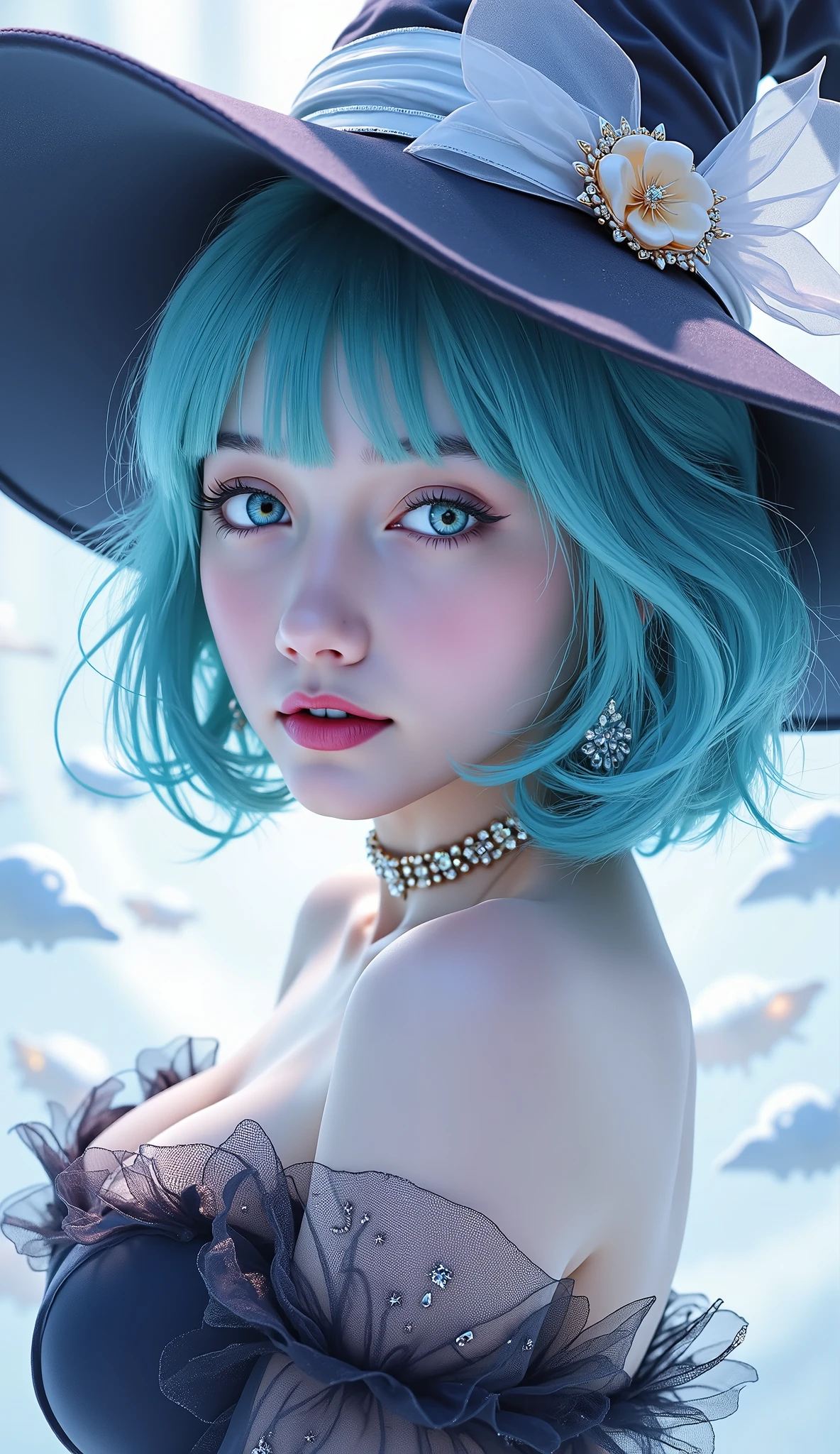 {your prompt} --niji 6 --ar 2:3 --style raw --s 1000 --p spr1pcg,anime girl ,Anime boy ,anime style , 1 girl, Single, High resolution,detail, Aqua Blue Hair , White Eyes。,Bob hair, Anatomically correct , Precise, short hair, bangs, blue hair/ Watercolor , 眼間bangs, preauricular hair, Scan your bangs, Bob hair, swaying hair, Big breasts, Red-Faced, White Eyes,Divine,brilliance, Quadrilateral Lens, jewelry, Witch Hat, Silk Tulle Blouse Shine Effect, cartoon, cartoon style, exquisite digital illustration, fantasy