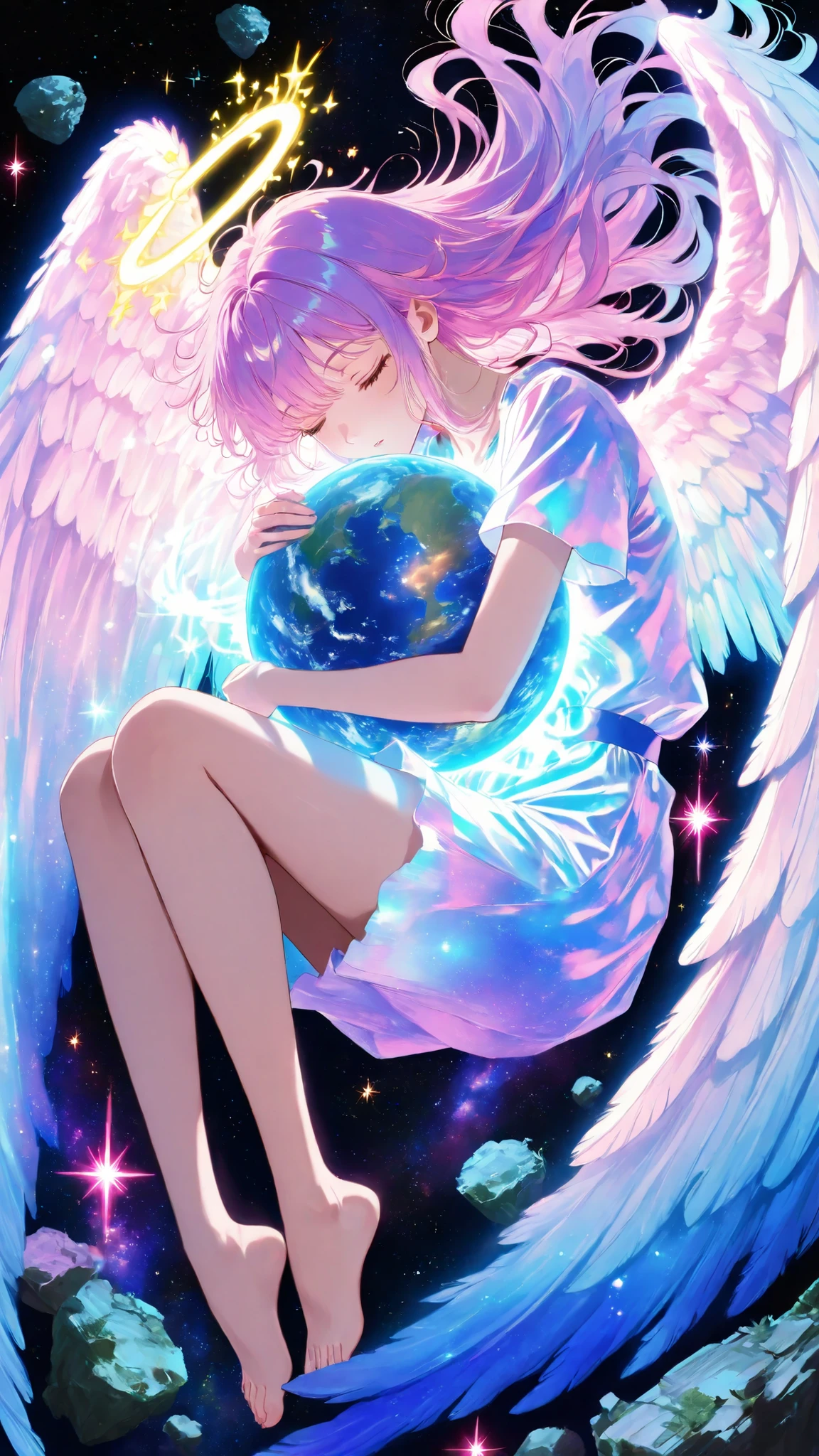 Sleeping Angels,
Long Floating Hair,Hug your knees,Hold the globe_Luminescence,Barefoot。
Large Angel Wings,(Glowing Halo with Star Sparks)
(Glowing Earth Sphere)、(Floating Rock Ruins)
(Space)、(Starfield)、(Nebula)、(Earth)、(Other Planets)、(Ancient Ruins)
(Fantasy Art)、(Anime Illustration)、(Digital Painting)、(Cel-Shading Style)
(Blue-Purple Neon Lights)、(Starry Gradient)、(Glowing Effects)、(Divine and Dreamy)、(Iridescent Texture)
