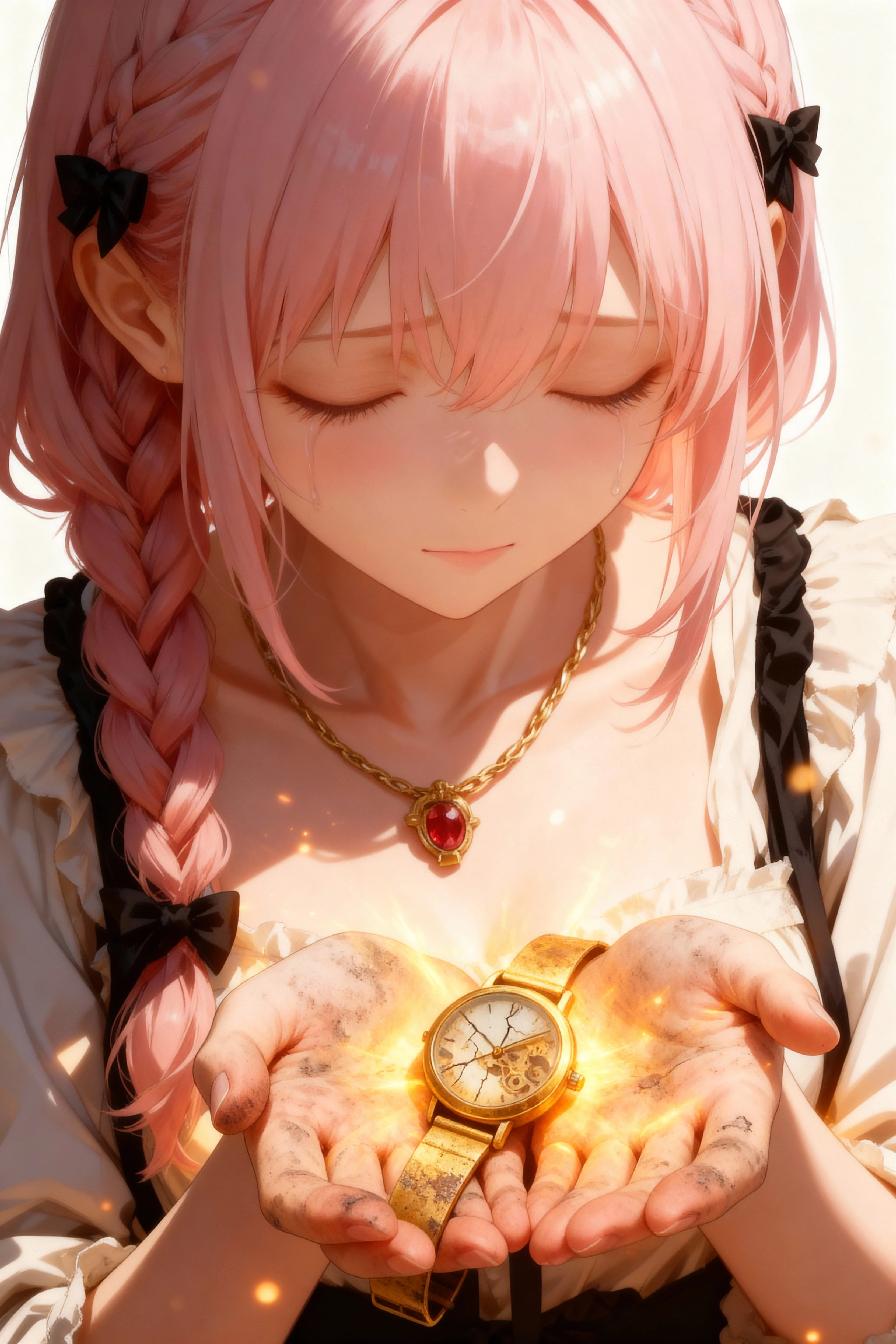 Close-up of an 18-year-old noble daughter joyfully receiving a golden wristwatch from her father
focus on daughter's delighted face, large round golden eyes, straight long golden hair, smooth fair skin, subtle smile
daughter holds the golden wristwatch with both hands, front visible
realistic anime style
BREAK
watch detail: small, delicate women's wristwatch, round dial, gold bezel, thin gold strap, elegant and refined, not overly ornate
father's hand reaching in to give the watch, soft lighting highlighting metal and hand details
BREAK
warm indoor light, soft bokeh background, subtle hints of luxurious medieval-style room, wooden furniture, tapestries
ethereal realism, high detail facial expressions and hands, watch gleaming subtly
BREAK
quality enhancement: ultra-detailed, ultra-realistic textures, cinematic lighting, sharp focus on face, watch, and hands, realistic reflections, intricate fabric folds, high resolution, photorealistic skin and hair
BREAK
negative prompt: deformed , extra limbs, low detail, messy background, harsh shadows, unnatural proportions, blurred faces, modern elements