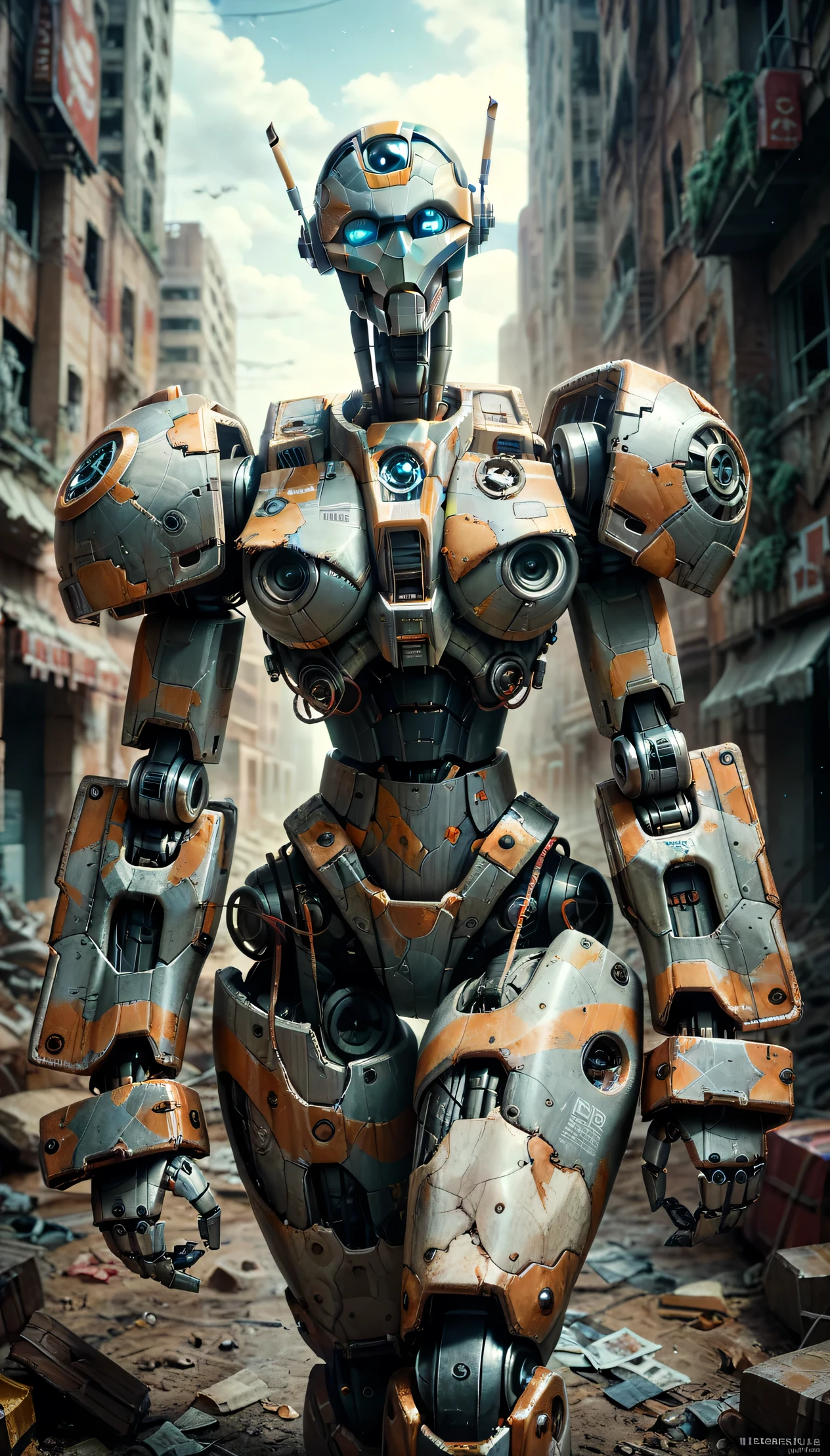 (((humanoid robot that looks at the stars:1.4)))、helper robots the same size as humans、Pepper、humanoid robots have blue eyes shining blue、there is only one humanoid robot standing in an abandoned city staring at the sky、humanoid robot that stares at the stars、The robot that looks lonely is old and has cracked armor、A robot that looks tattered but is conscious、weathering、post-apocalypse、((Daytime sky covered with thick clouds))、(((It's daytime but the stars are out:1.4)))、an abandoned city with no people、Former city where waste is scattered、An unpopular abandoned city in the desert、An abandoned star、sandstorms are blowing and blocking the view、Highest Quality、natural light
