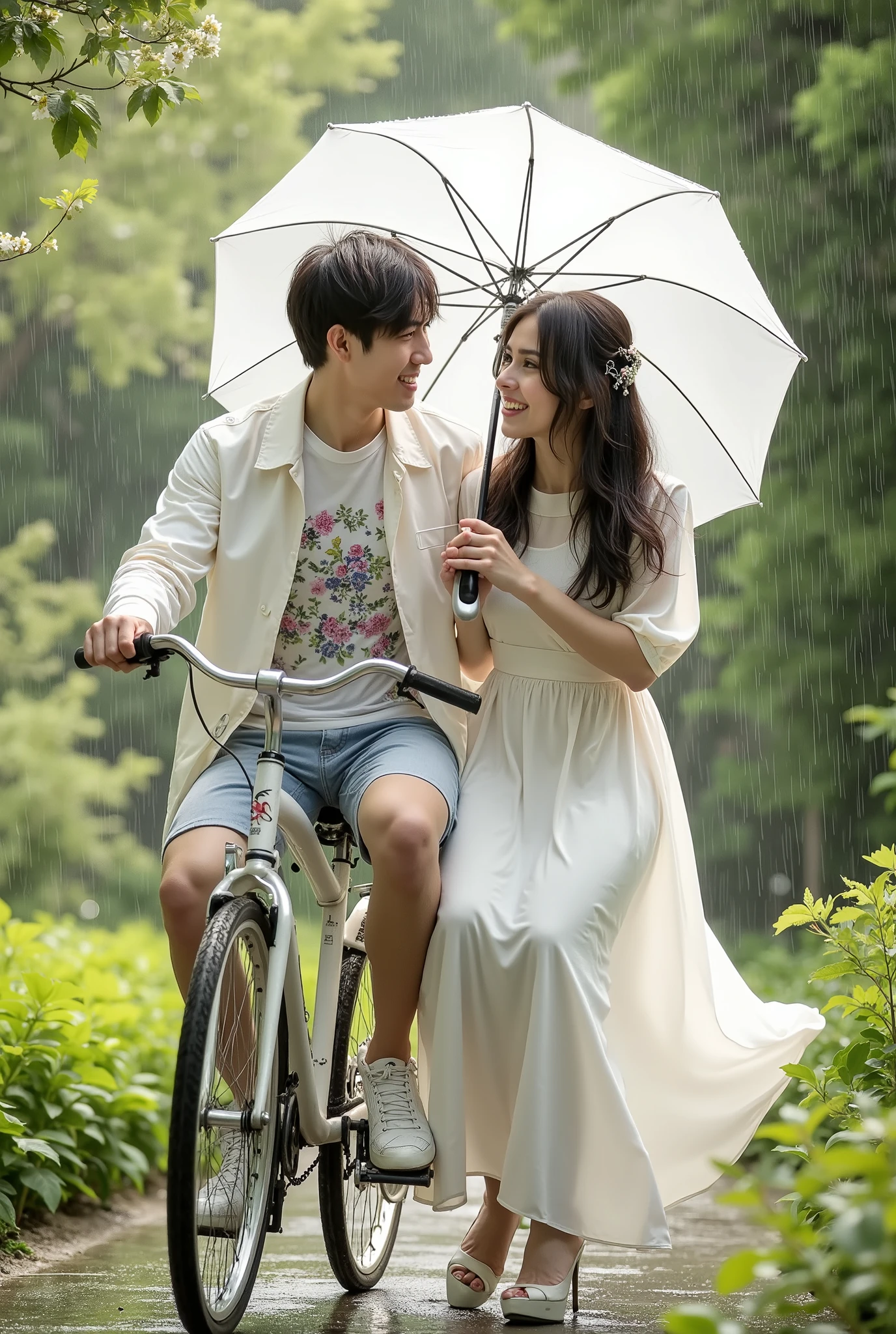 Slowly slowly rain with Ali and waniya enjoy rain with garden and couple are sitting on a bicycle and Ali plug in umbrella color white and Ali white dress coat and flowers design t shirt and waniya dress color white frock and Ali shoe's color white and waniya shoe's color is white and couple smiling faces in prompts generate