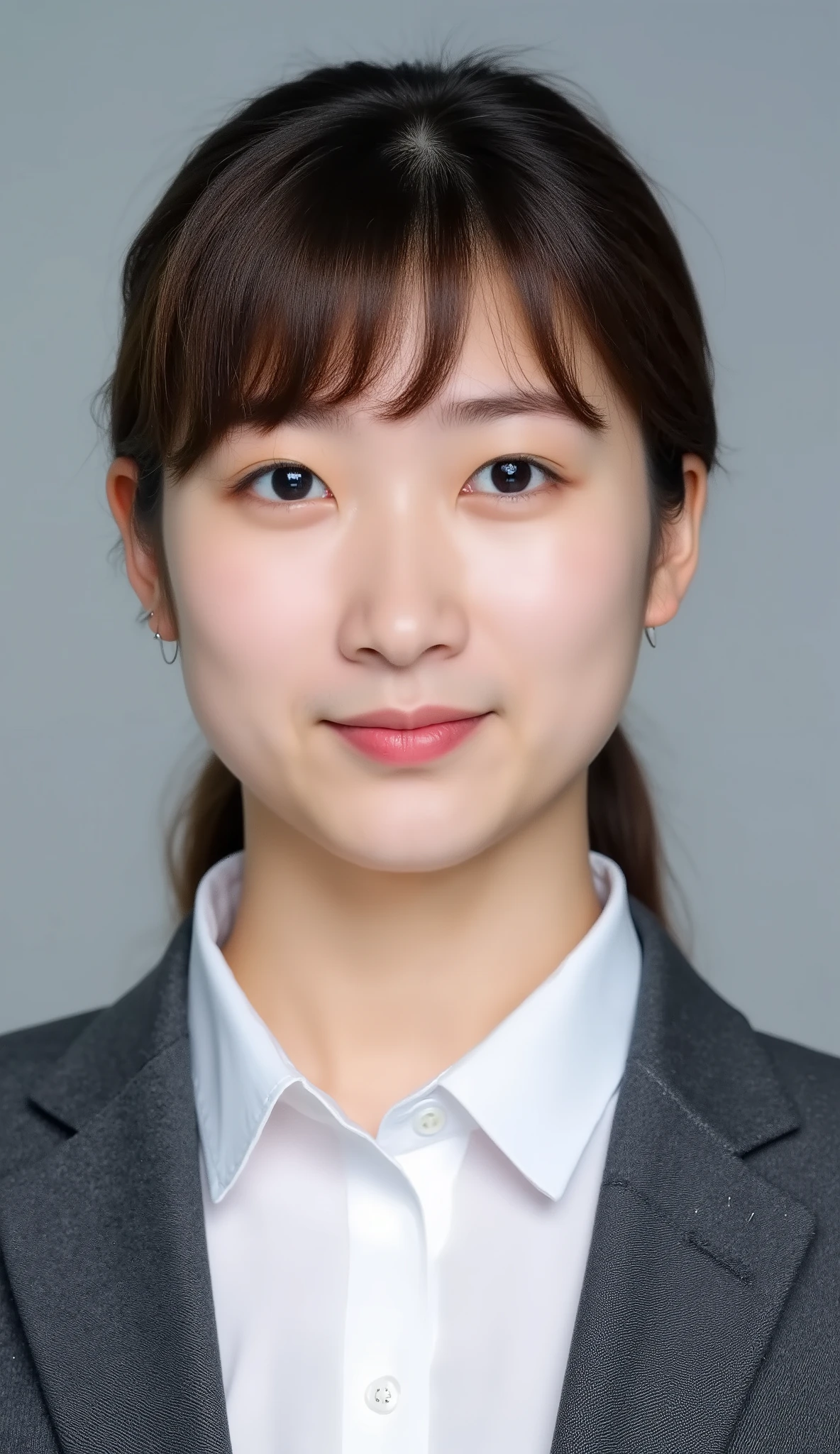 Passport photo of a neat young woman、facing directly、camera list、office lady suit、jacket、shirt、、has bangs and is making a small scream、ear piercings、、No expression、has closed its mouth、face close-up、grey background