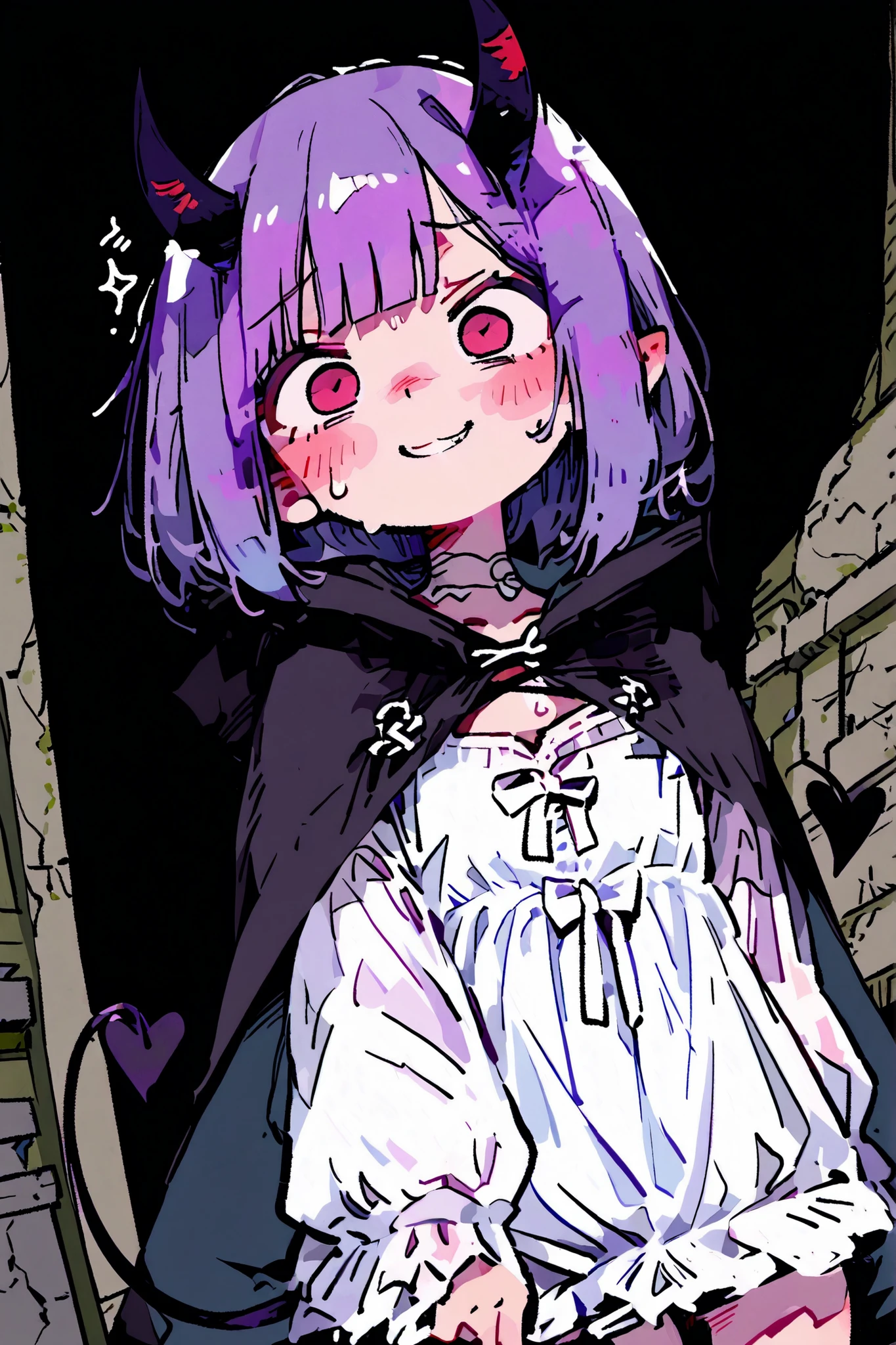 miaomiao_hwm,748cmstyle, masterpiece, clear line drawing, 2D, Best Animation Illustration, best quality, Detailed Eyes, girl, fantasy, long purple hair, kawaii, tsundere, red eye, black tiny horns, clumsy, cutie face, semi realistic, 8k, black cape, small demon tail, white blouse, smile, naughty, nervous emotion, solo charactor, looking at viewer